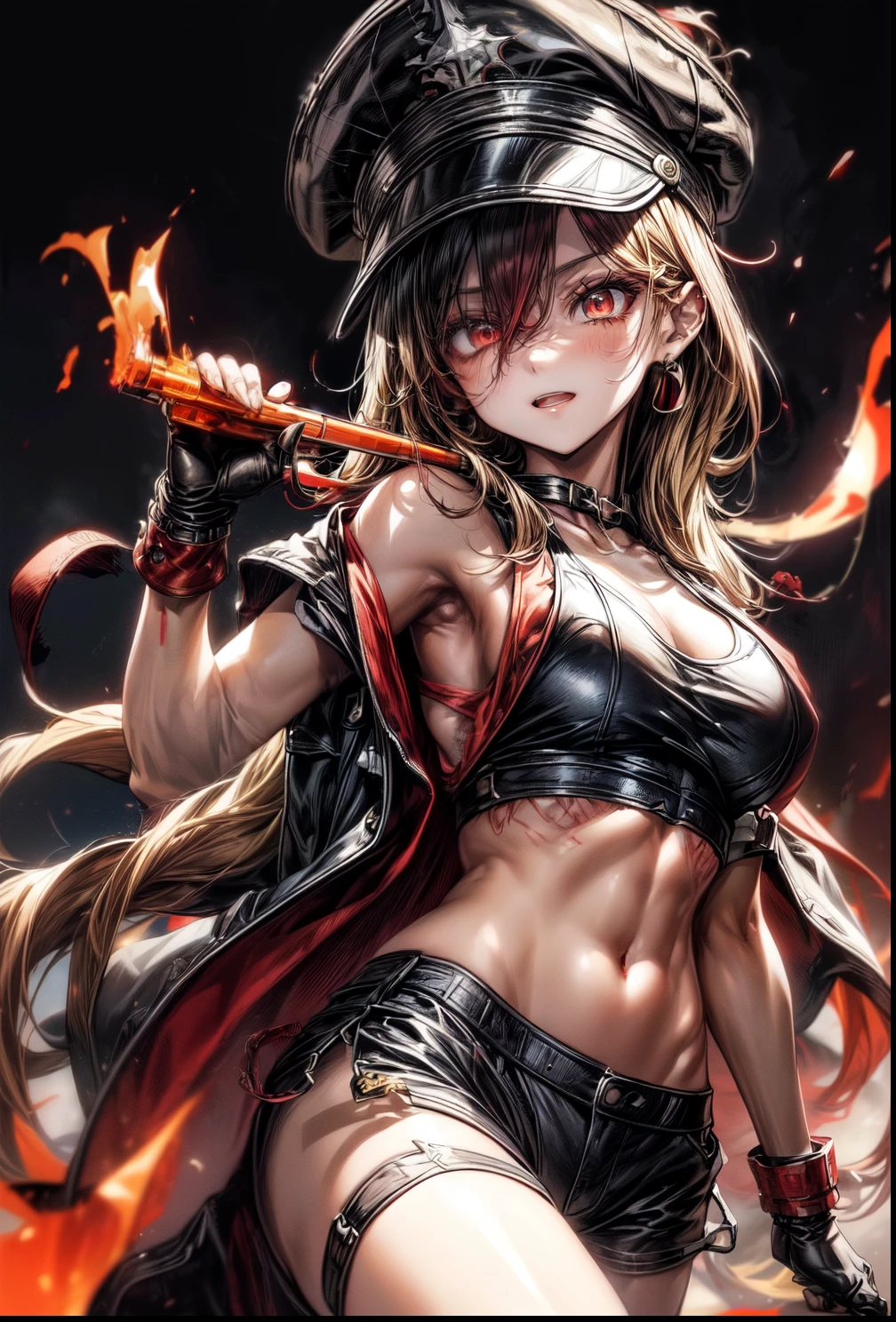 最high quality、Best image quality、masterpiece、girl((Age 25、 By becoming、Best Bust、Medium Bust,Wide open breast tea、Red glowing eyes,Blonde、Red Mesh、Disheveled Hair、Lointail、thin,The highest valley、Open chest、Luminous Wristbands、hair ornaments、Show the whole body,Black tank top、Red Bandana、Shortuscular、revolver、scar、Military Cap、Shooting Pose、Full body scaghting Pose、Short sleeve jacket)),high quality、Beautiful art、street, apocalypse
