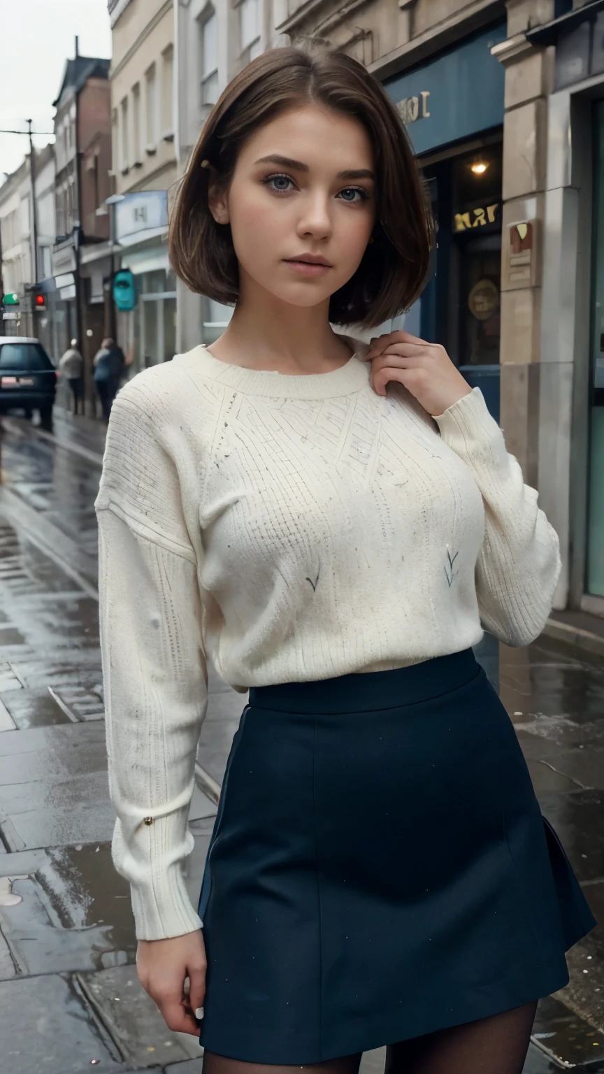 ((best quality)), ((masterpiece)), (detailed), perfect face, very young white girl, short brown hair, wearing black sweater, pretty blue eyes, perfect makeup, standing on a street corner in Belfast Ireland, 1972, raining, wearing a short navy blue skirt, white blouse, multiple poses, tan pantyhose