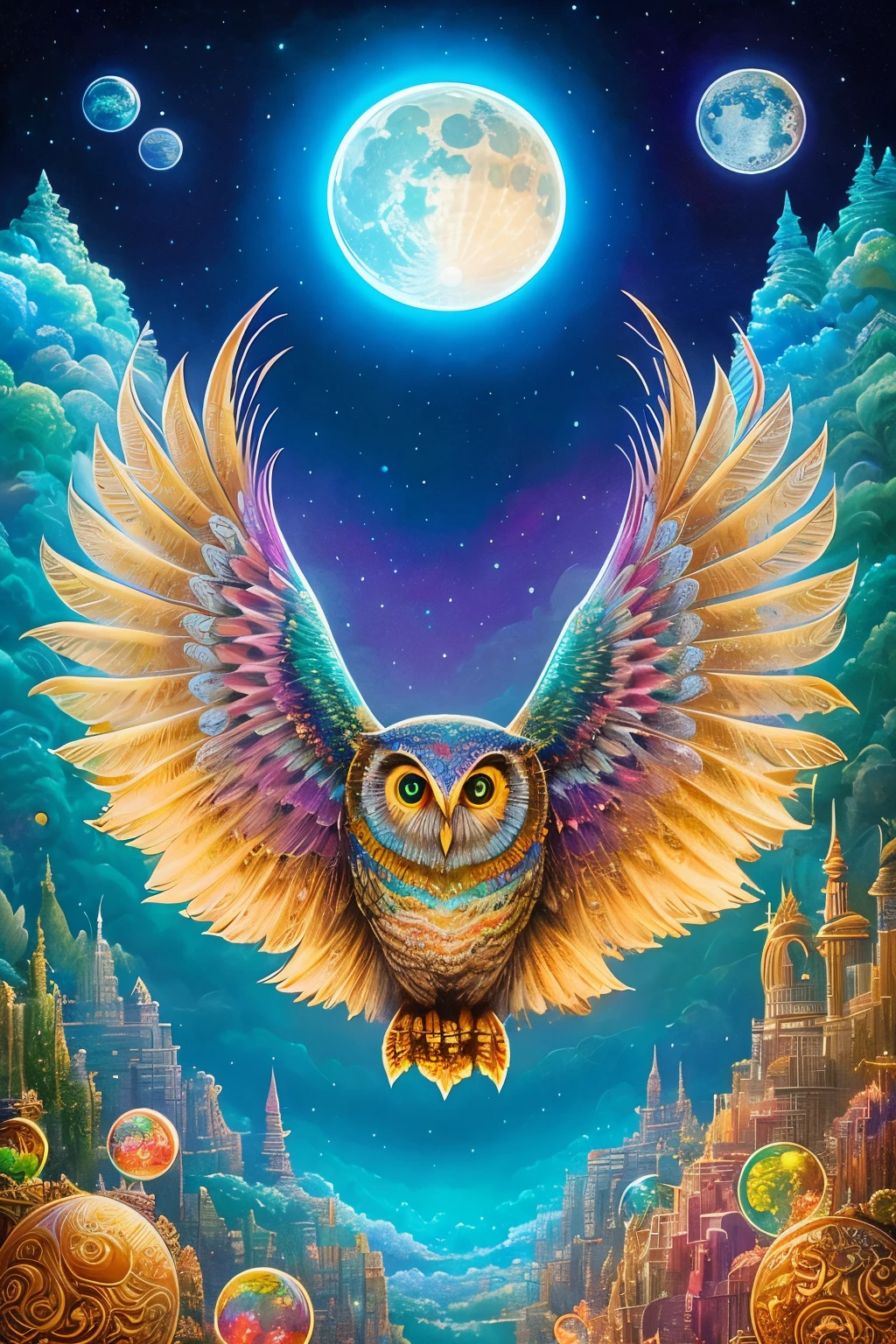an owl flying over a moon with swirling clouds and bubbles, hyper - detailed visionary art, highly detailed visionary art, beeple and jeremiah ketner, intricate fantasy painting, hyper detailed visionary art, dan mumford and alex grey style, by Tomek Setowski, radiant owl, visionary art style, detailed fantasy digital art, highly detailed digital art