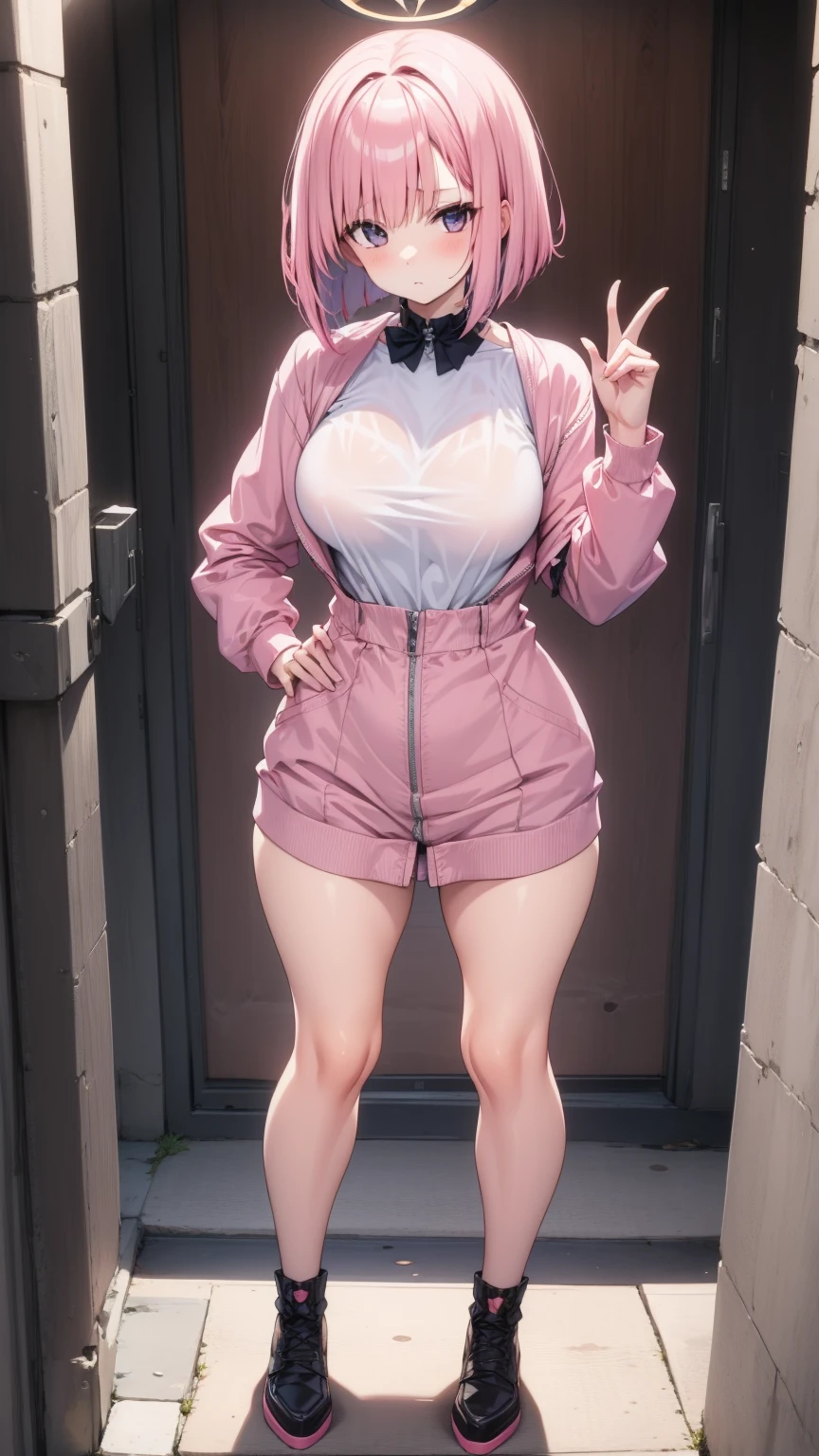 Full body girl hair cut pink stand pose head on 