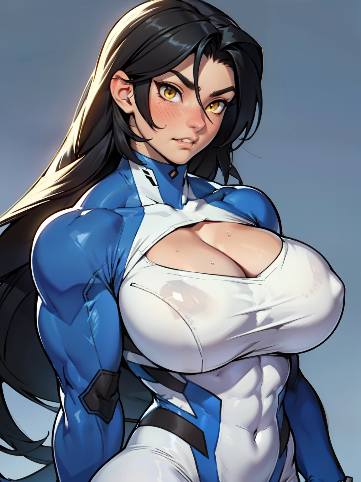 ((girl muscular thick)) pale skin black hair ultra detailed eyes huge large breasts toned body embarrassed blush very long hair skintight suit yellow eyes hair flaps cleavage