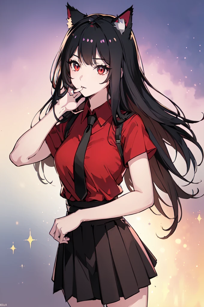 (Cat girl), (smoking), cat ears, black hair, business casual attire, cool, red dress shirt, pretty red eyes, cat tail, ((Crimson Red Eyes eyes: 1.3, Upturned Eyes: 1, Perfect Eyes, Beautiful Detailed Eyes, Gradient eyes: 1, Finely Detailed Beautiful Eyes: 1, Symmetrical Eyes: 1, Big Highlight On Eyes: 1.2)), (((Lustrous Skin: 1.5, Bright Skin: 1.5, Skin Fair, Shiny Skin, Very Shiny Skin, Shiny Body, Plastic Glitter Skin, Exaggerated Shiny Skin, Illuminated Skin))), (Detailed Body, (Detailed Face)), (((Skirt))), High Resolution, Sharp Focus, Ultra Detailed, Extremely Detailed, Extremely High Quality Artwork, (Realistic, Photorealistic: 1.37), 8k_Wallpaper, (Extremely Detailed CG 8k), (Very Fine 8K CG), ((Hyper Super Ultra Detailed Perfect Piece)), (((Flawless masterpiece))), Illustration, Vibrant Colors, (Intricate), High Contrast, Selective Lighting, Double Exposure, HDR (High Dynamic Range), Post-processing, Background Blur, (Sexy pose), (Mature woman), big sis