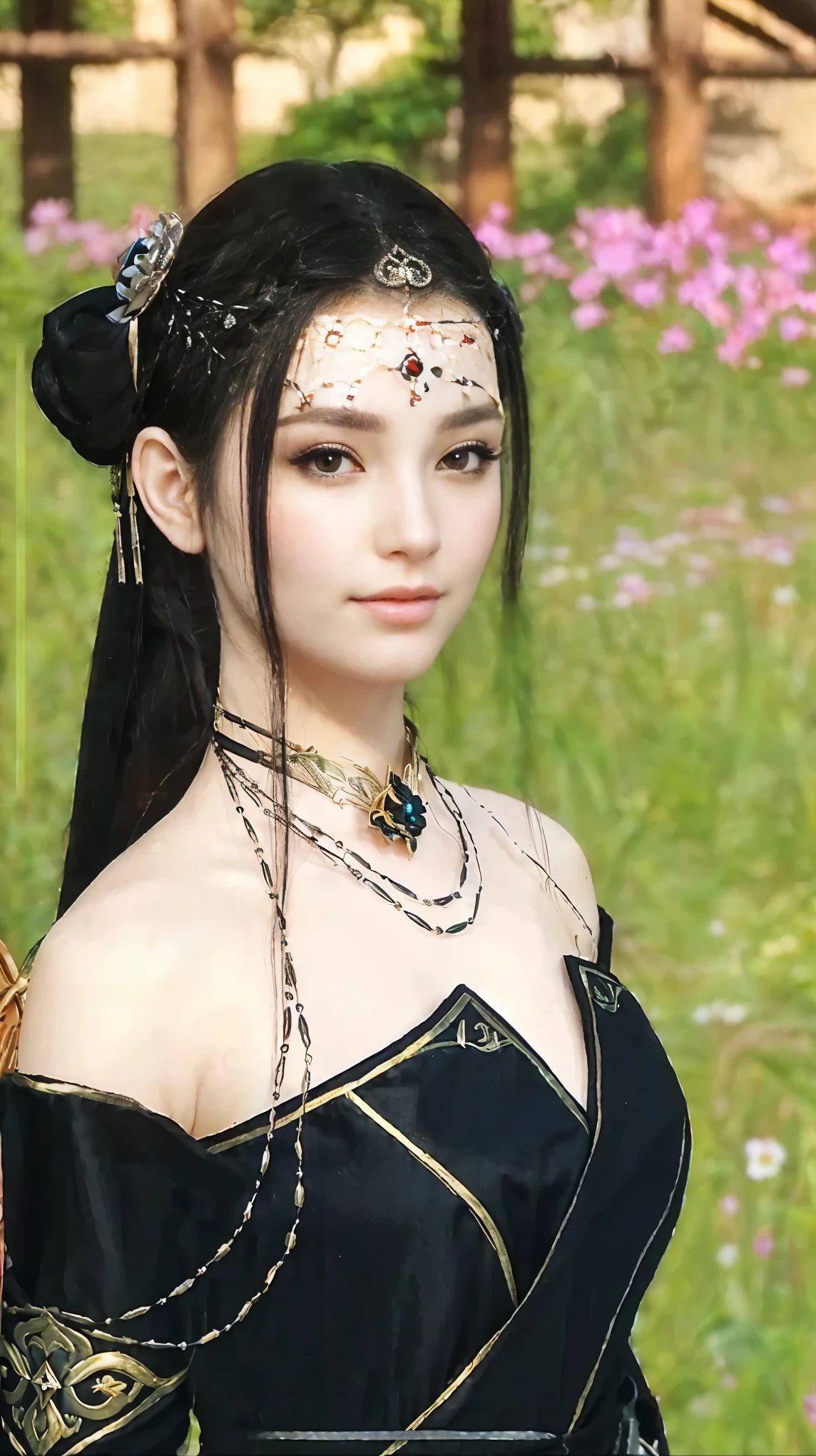a close up of a woman in a black dress with a flower in her hair, a beautiful fantasy empress, white skin