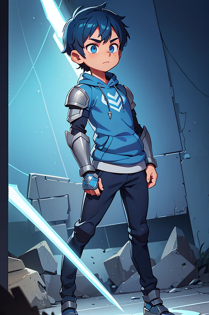 boy with blue hair, (((short hair))) blue eyes, slightly strong body (((something light))) is a ager. He wears a kind of light technology armor (((sweatshirt covering part of the armor))), nothing exaggerated.