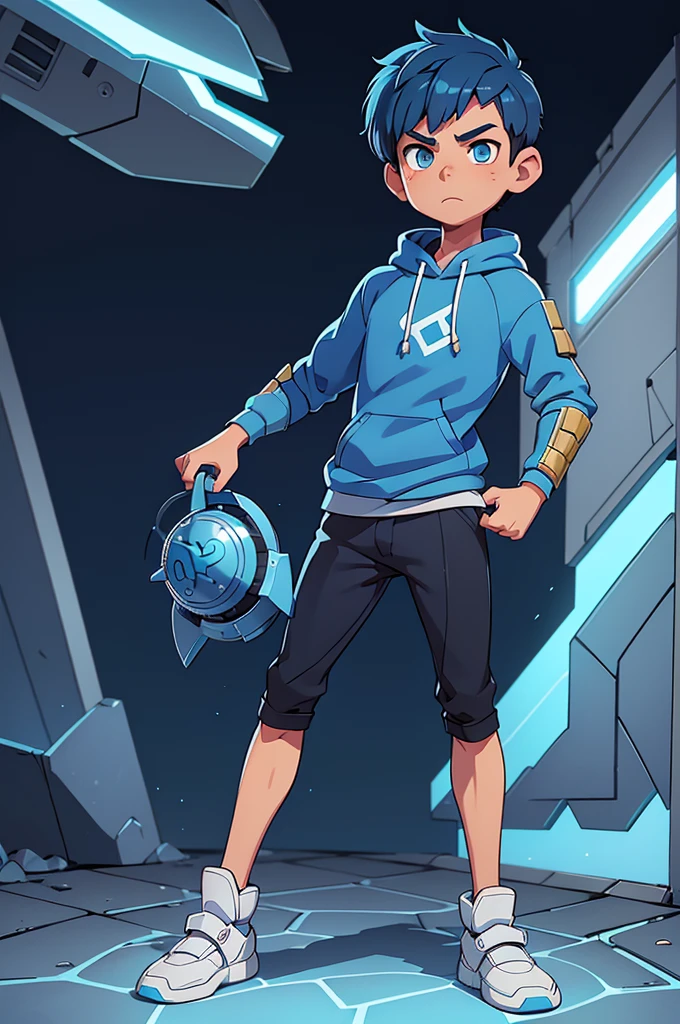 boy with blue hair, (((short hair))) blue eyes, slightly strong body (((something light))) is a teenager. He wears a kind of light technology armor (((sweatshirt covering part of the armor))), nothing exaggerated.
