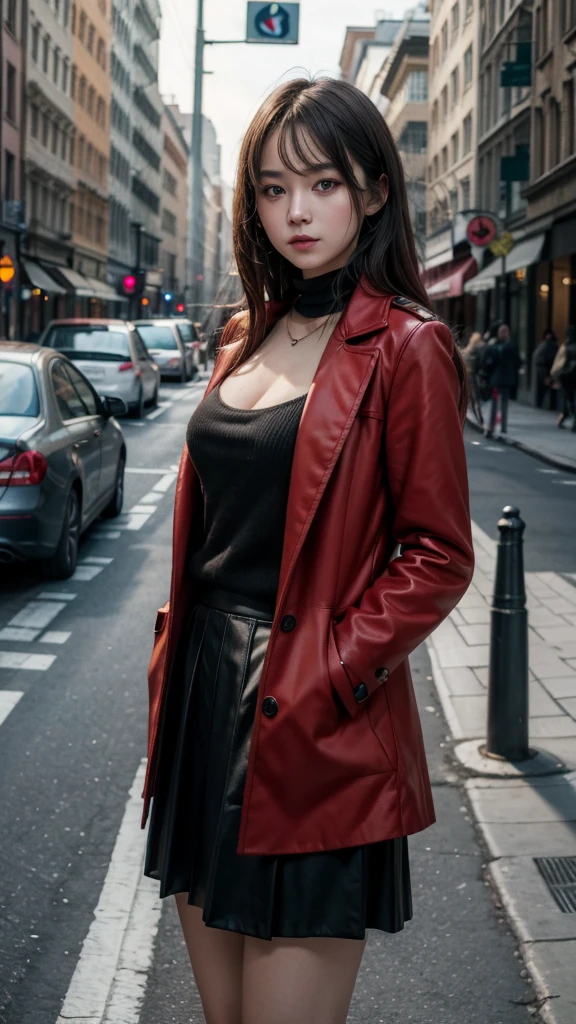 highres,masterpiece,best quality,extremely detailed,nsfw,1girl,city, street,arms behind back, black skirt, red coat, eye focus,