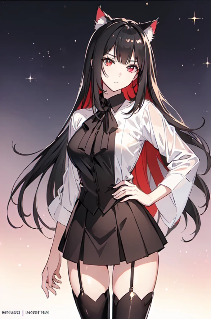 (Cat girl), (smoking), cat ears, black hair, business casual attire, cool, red dress shirt, pretty red eyes, cat tail, ((Crimson Red Eyes eyes: 1.3, Upturned Eyes: 1, Perfect Eyes, Beautiful Detailed Eyes, Gradient eyes: 1, Finely Detailed Beautiful Eyes: 1, Symmetrical Eyes: 1, Big Highlight On Eyes: 1.2)), (((Lustrous Skin: 1.5, Bright Skin: 1.5, Skin Fair, Shiny Skin, Very Shiny Skin, Shiny Body, Plastic Glitter Skin, Exaggerated Shiny Skin, Illuminated Skin))), (Detailed Body, (Detailed Face)), (((Skirt))), High Resolution, Sharp Focus, Ultra Detailed, Extremely Detailed, Extremely High Quality Artwork, (Realistic, Photorealistic: 1.37), 8k_Wallpaper, (Extremely Detailed CG 8k), (Very Fine 8K CG), ((Hyper Super Ultra Detailed Perfect Piece)), (((Flawless masterpiece))), Illustration, Vibrant Colors, (Intricate), High Contrast, Selective Lighting, Double Exposure, HDR (High Dynamic Range), Post-processing, Background Blur, (Sexy pose), (Mature woman), big sis