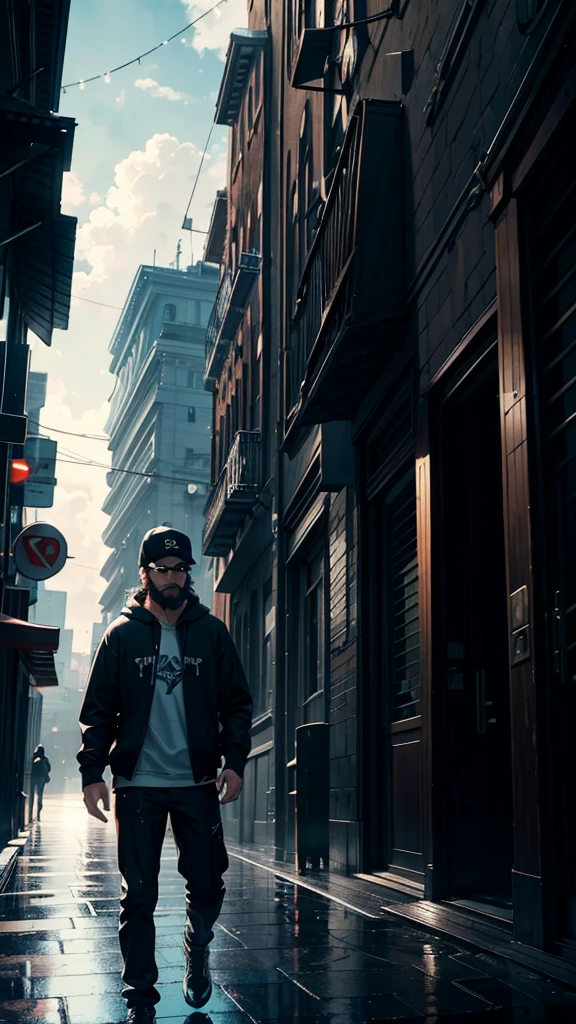 cinematic artwork of a man walking alone, (he is looking up:1, wearing a hoodie, wearing a sports hat, badass beard, wear black sunglasses, short hair, laughing, hands in the pocket, professional image), cinematic atmosphere, semi-realistic, [:(perfect face, expressive face,expressive eyes):8], detailed textures, uhd, reflections, low angle, at the morning, breathtaking, alone, solitude, relaxed atmosphere, cozy, (freedom feeling), gorgeous sky, dynamic angle, wet floor. volumetric clouds, upper body shot, 8k, masterpiece, anime masterwork, wallpaer, award winner,
