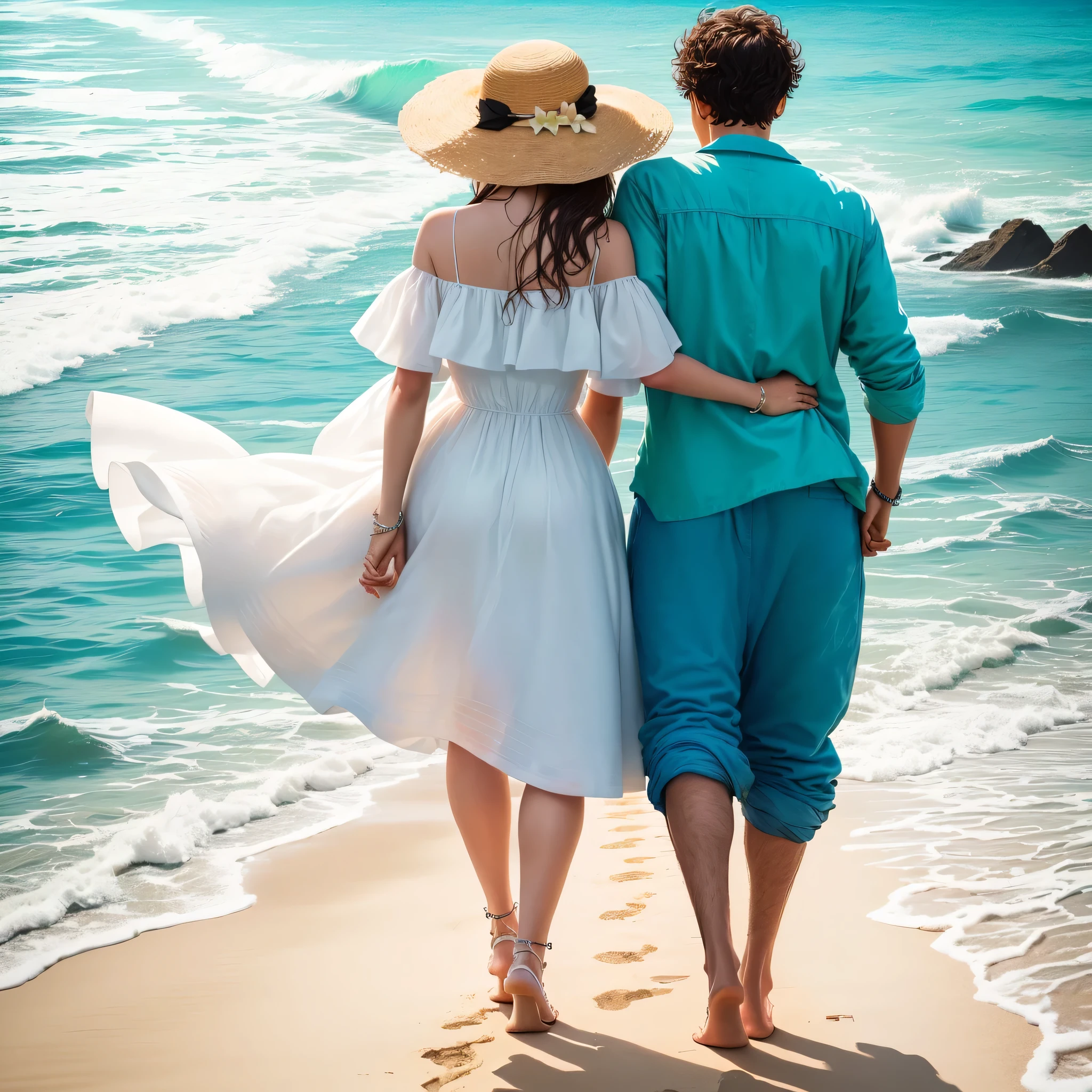 painting of a couple Caminhando na praia holding hands, Caminhando juntos, man and woman Caminhando juntos, Caminhando na praia, imagem de arte digital, dois velhos, couple walking hand in hand, vestindo panos brancos, por Allen Jones, andando na areia, em uma praia, indo embora, na praia, casal romantico, duas pessoas, Beautiful representation