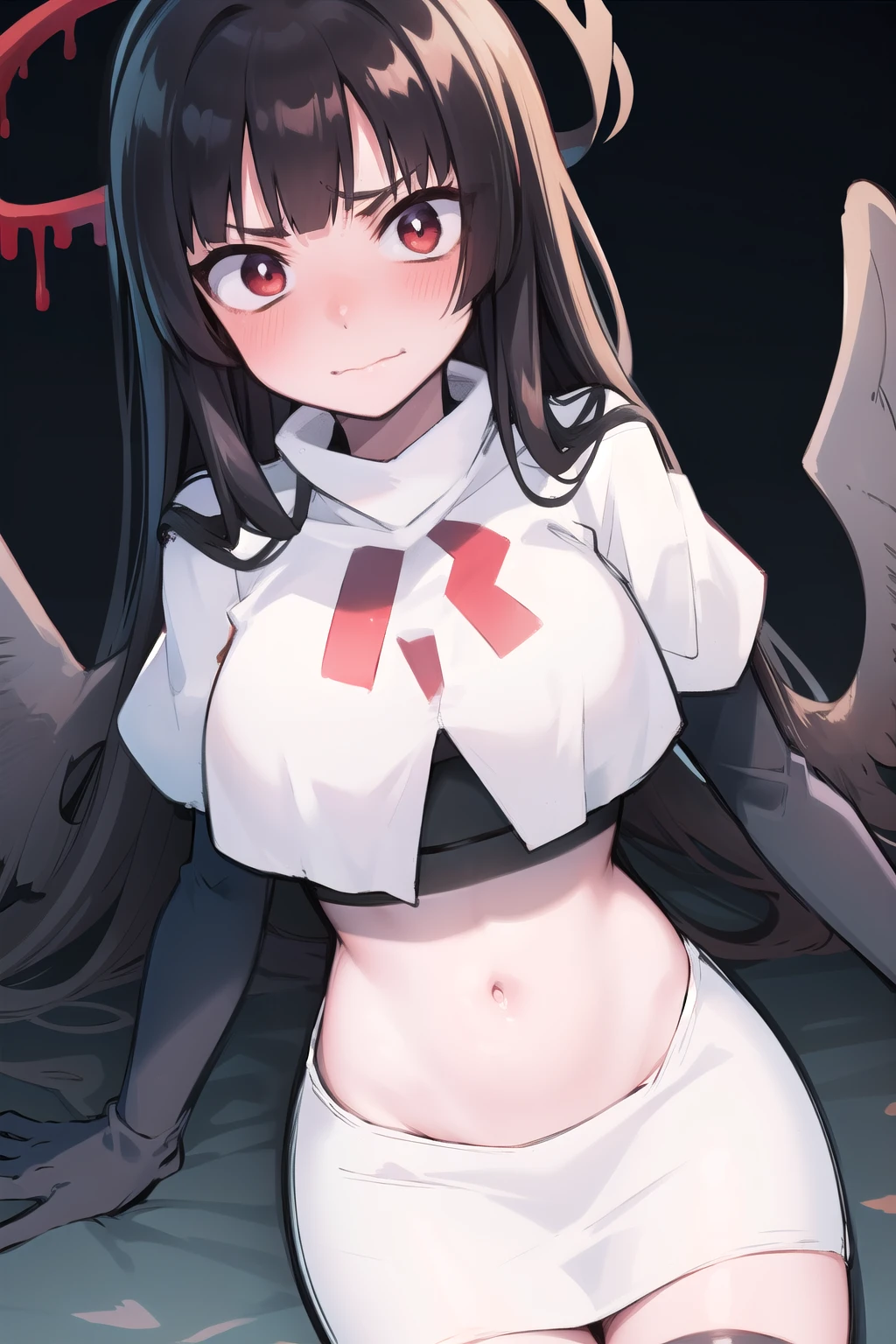 official art,anime,tsurugidef, blush,simple background,moody lighting, facing viewer,BREAK
blush, closed mouth, team rocket,team rocket uniform,white skirt,red letter R,crop top,black thigh-highs,black elbow gloves,wavy mouth,constricted eyes, constricted pupils,,
blunt bangs
