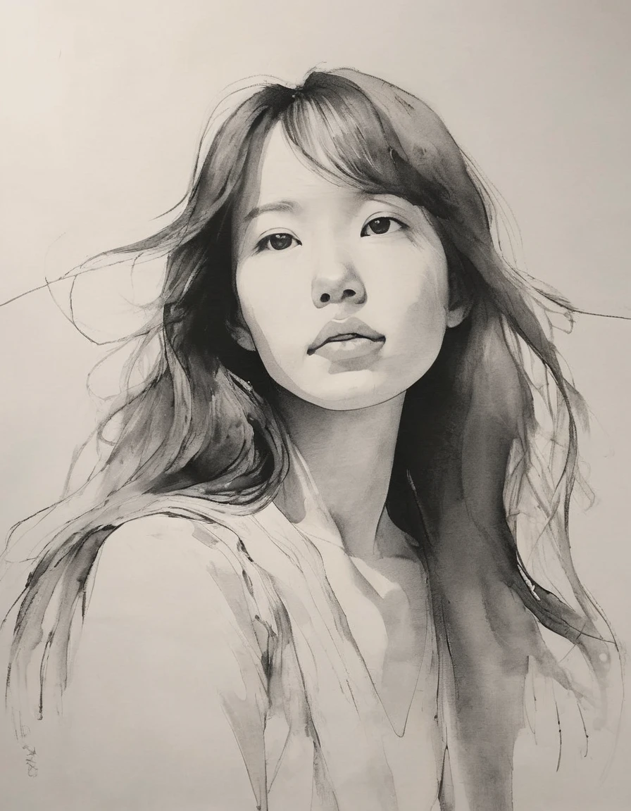 (highest quality, High resolution, masterpiece:1.2), Super detailed, actual:1.37, Black ink sketch, smooth lines, Expressive facial expressions and gestures, simple background, Emphasis on light and shadow and spatial perception, Plenty of negative space, young girl.Ink Portrait,smooth lines,Expressive facial features,Subtle emotions,Ink strength comparison,simple background,Emphasis on light and shadow,wide々It was,Plenty of negative space,peaceful atmosphere,peaceful atmosphere,feels like a dream,Delicate yet fascinating details,pastel colour,Calm and introspective,An elegant gesture,Gentle movements,Calm and innocent,Elegant Whisper,quiet and elegant,shining,sublime beauty,Vector illustration,black and white,Natural and Organic,Nourish、Calming the mind,Sublime simplicity,fantastic charm.