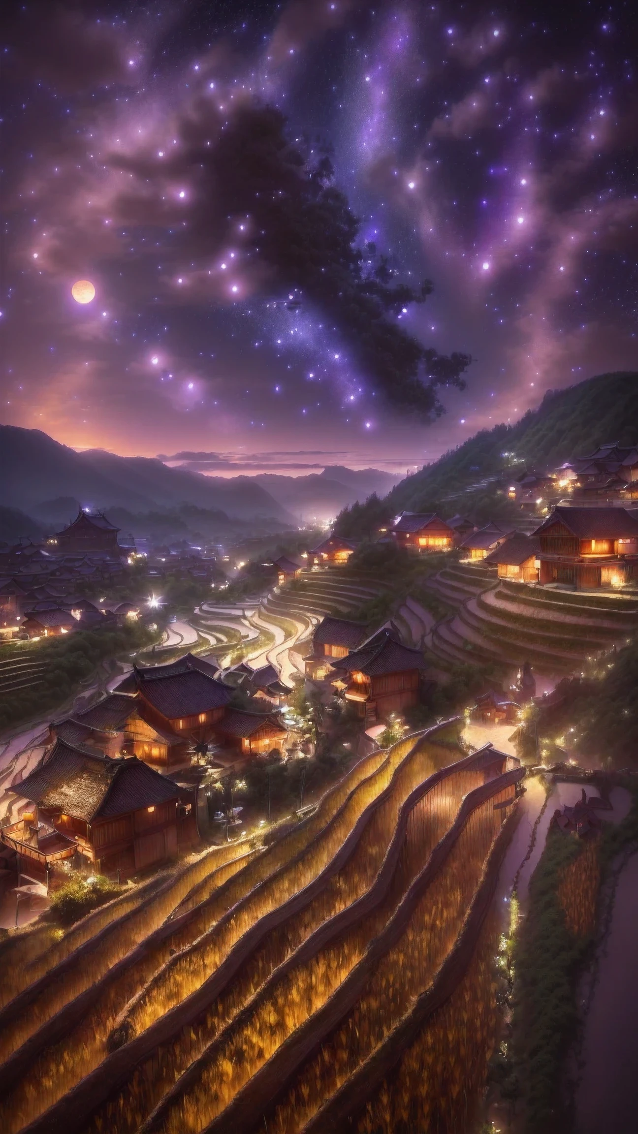 Starry sky over rice fields with a village in the foreground, night village backgrounds, Natural scenery at night, Night view, Dreamy city in China, Magical Landscapes, Magical Village, Japanese Village, Night view, Old Asian Village, Epic dreamy fantasy landscape, Japan at Nightの街, Japan at Night, 4K highly detailed digital art, 4K/8k