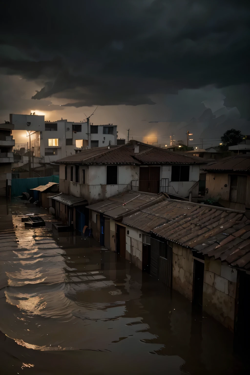 (best quality,highres:1.2),dark,dystopian,una vivienda que se vea con carencias, with poverty and in the background an environment where and a flooded neighborhood where children and families can be seen with desperate faces., , se vean inundaciones, deslizamientos de tierra,dramatic composition,intense atmosphere,haunting colors,harsh lighting,dynamic angles