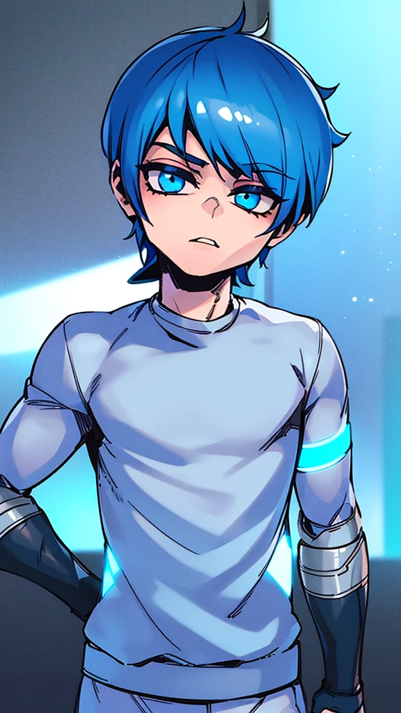 boy with blue hair, (((short hair))) blue eyes, slightly strong body (((something light))) is a teenager. He wears a kind of light technology armor (((sweatshirt covering part of the armor))), nothing exaggerated.