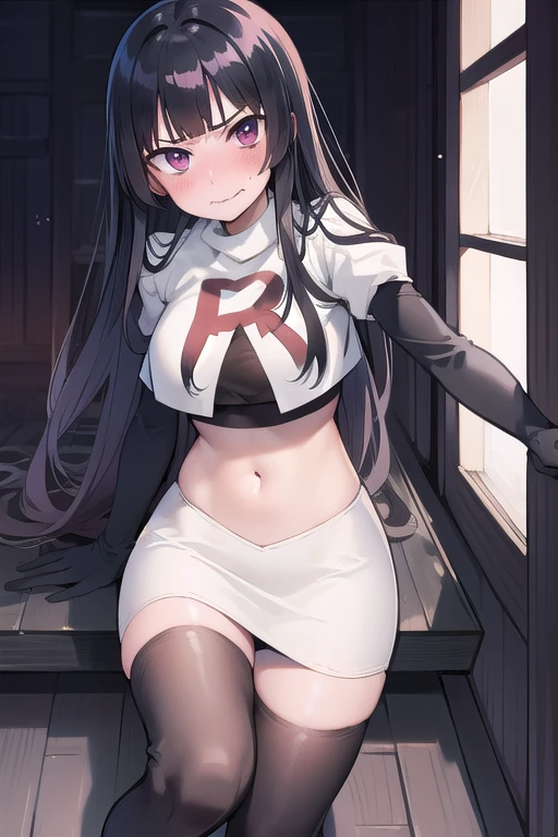 official art,anime,tsurugidef, blush,simple background,moody lighting, facing viewer,BREAK
blush, closed mouth, team rocket,team rocket uniform,white skirt,red letter R,crop top,black thigh-highs,black elbow gloves,wavy mouth,constricted eyes, constricted pupils,,
blunt bangs