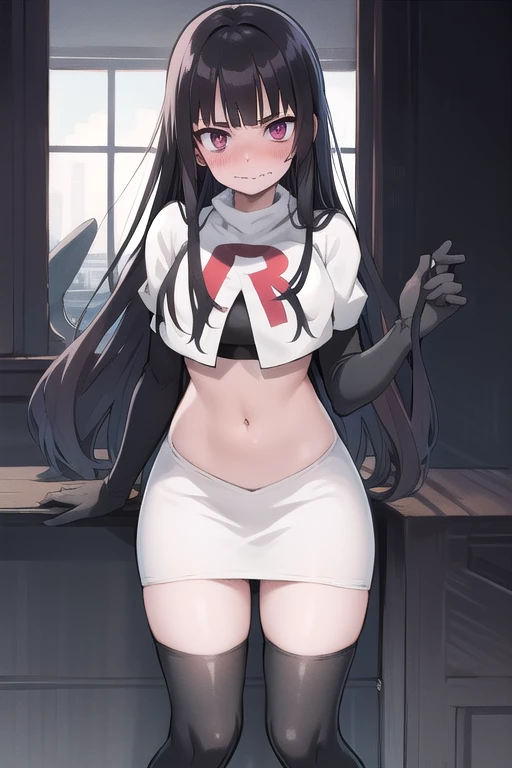 official art,anime,tsurugidef, blush,simple background,moody lighting, facing viewer,BREAK
blush, closed mouth, team rocket,team rocket uniform,white skirt,red letter R,crop top,black thigh-highs,black elbow gloves,wavy mouth,constricted eyes, constricted pupils,,
blunt bangs