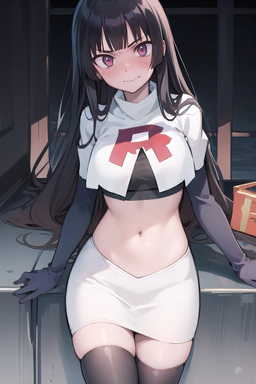 official art,anime,tsurugidef, blush,simple background,moody lighting, facing viewer,BREAK
blush, closed mouth, team rocket,team rocket uniform,white skirt,red letter R,crop top,black thigh-highs,black elbow gloves,wavy mouth,constricted eyes, constricted pupils,,
blunt bangs