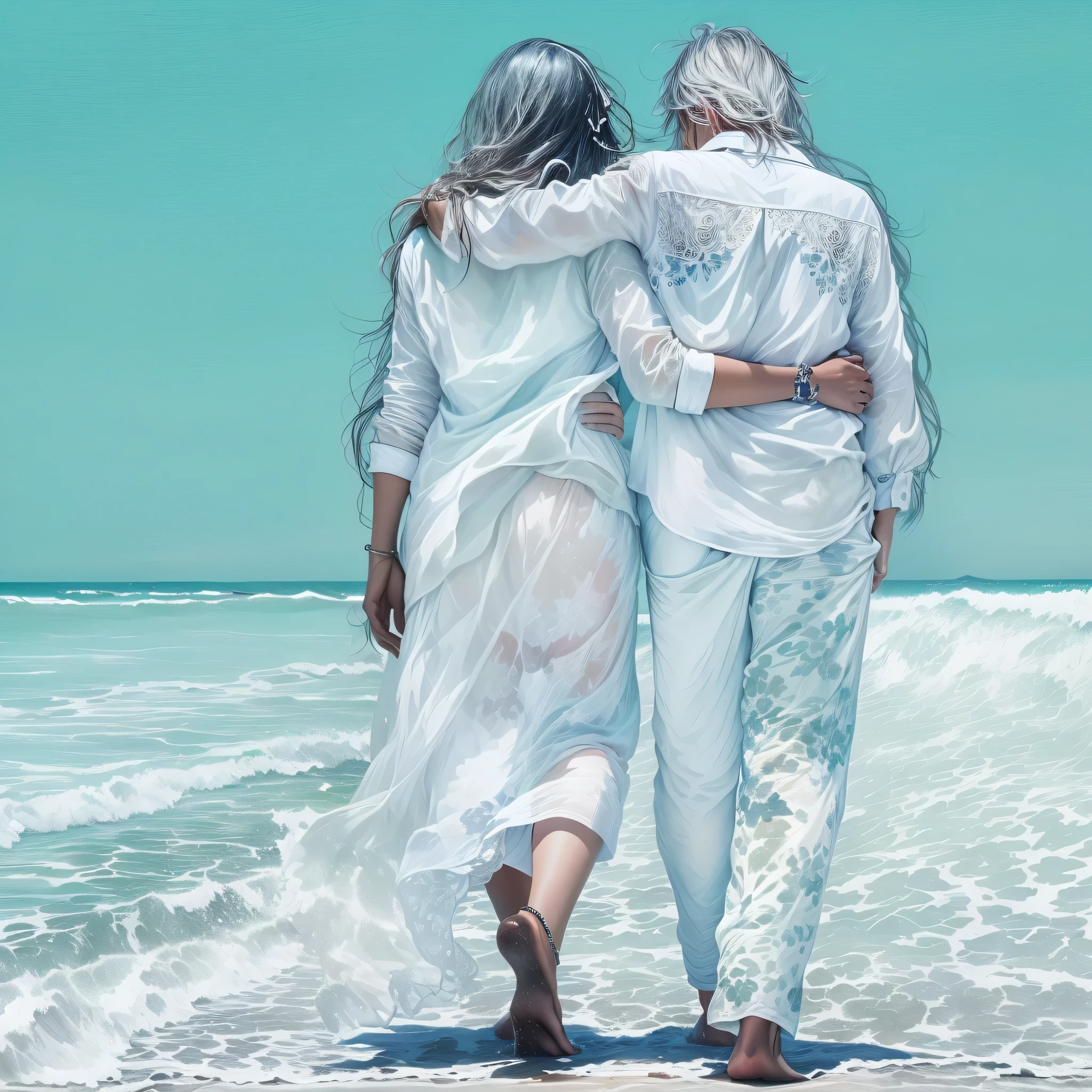 painting of a couple Caminhando na praia holding hands, Caminhando juntos, man and woman Caminhando juntos, Caminhando na praia, imagem de arte digital, dois velhos, couple walking hand in hand, vestindo panos brancos, por Allen Jones, andando na areia, em uma praia, indo embora, na praia, casal romantico, duas pessoas, Beautiful representation