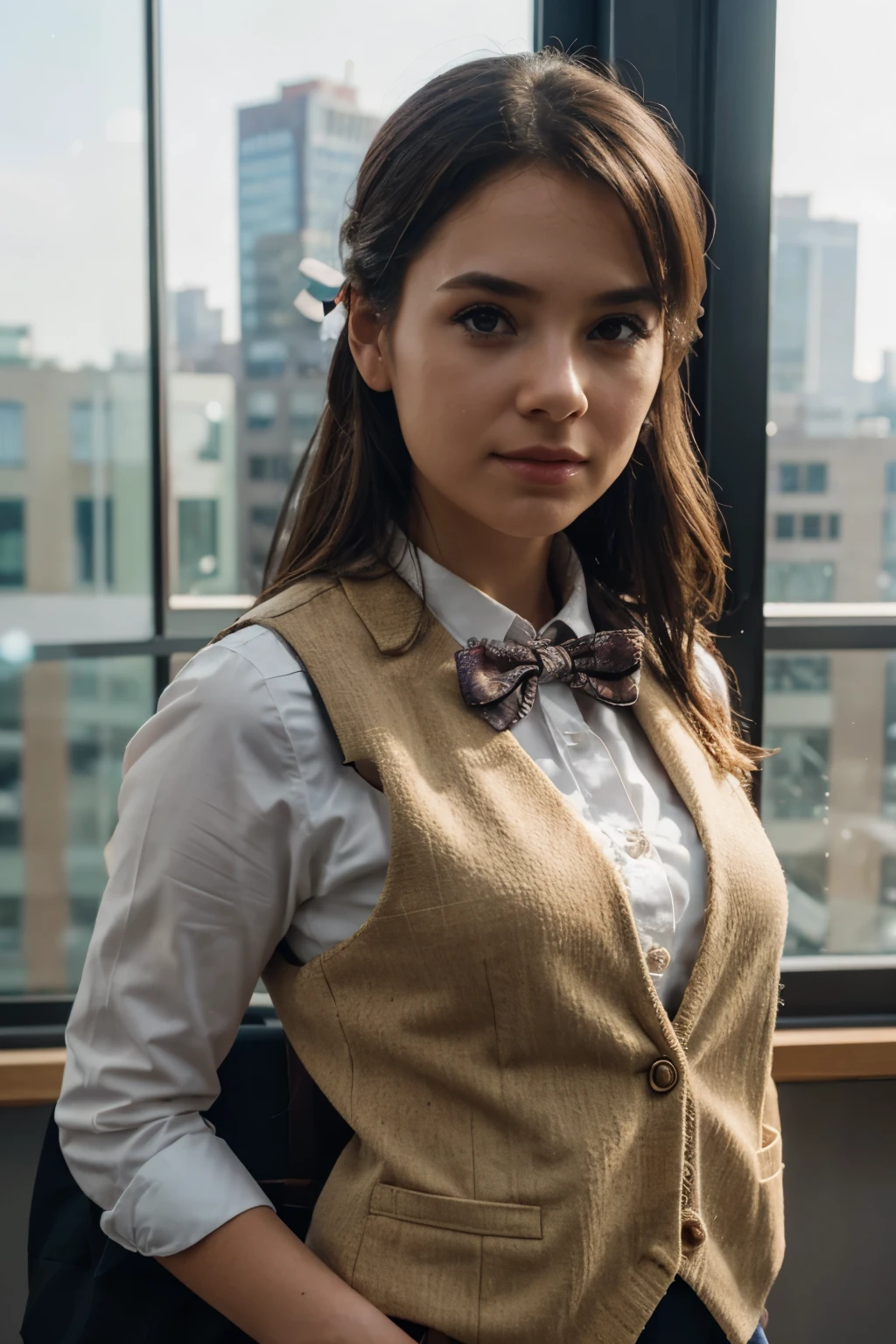 1girl, matured female, vest, bow, photo, realistic, best quality, hires, detailed face, office, buildings from window, detailed background, diffused sunlight, depth of field, bokeh