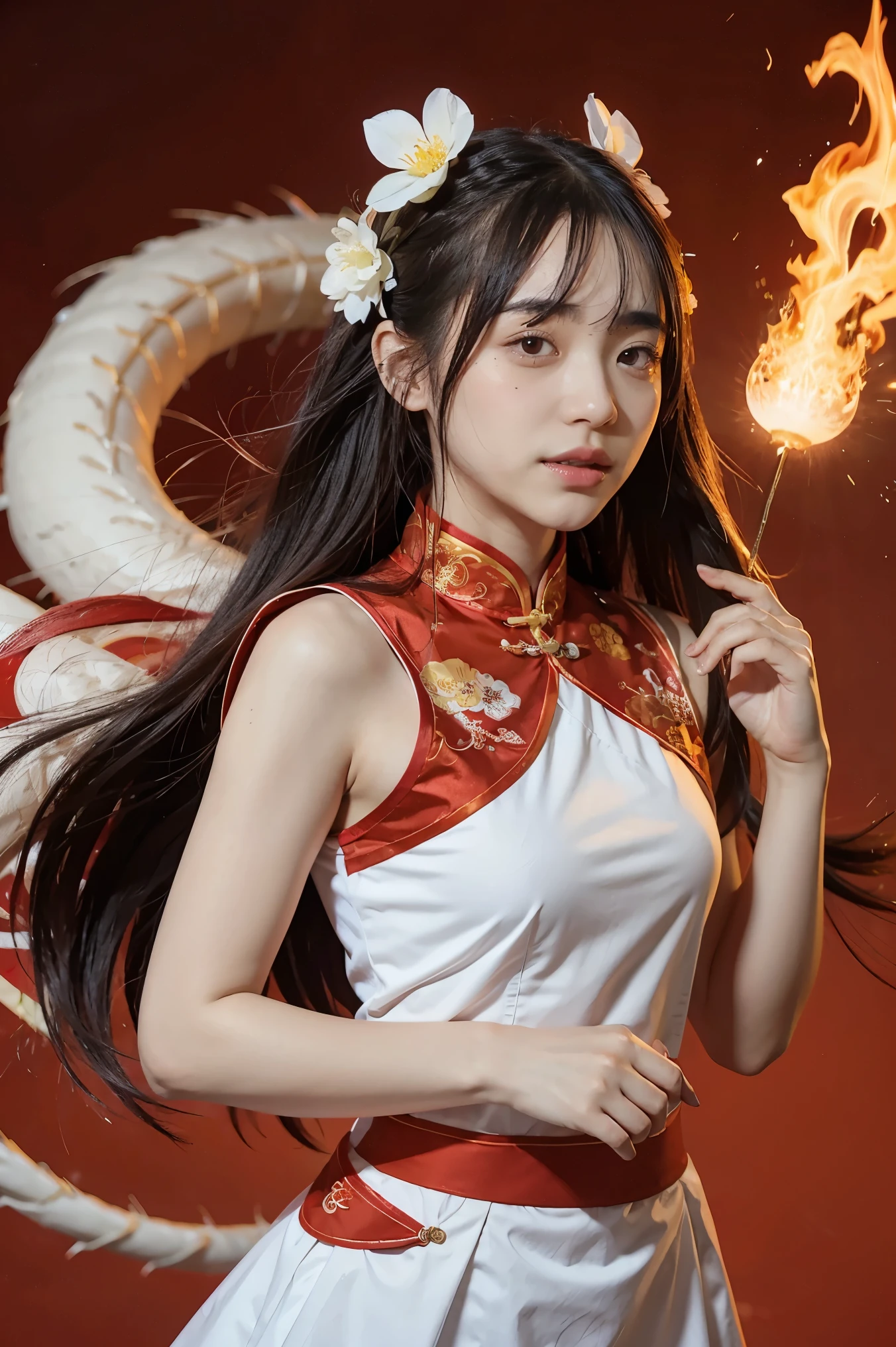 1 girl, Liu Yun, spark, long hair, floating hair, hair flower, Eastern Dragon, red and white, upper body, look at viewer,