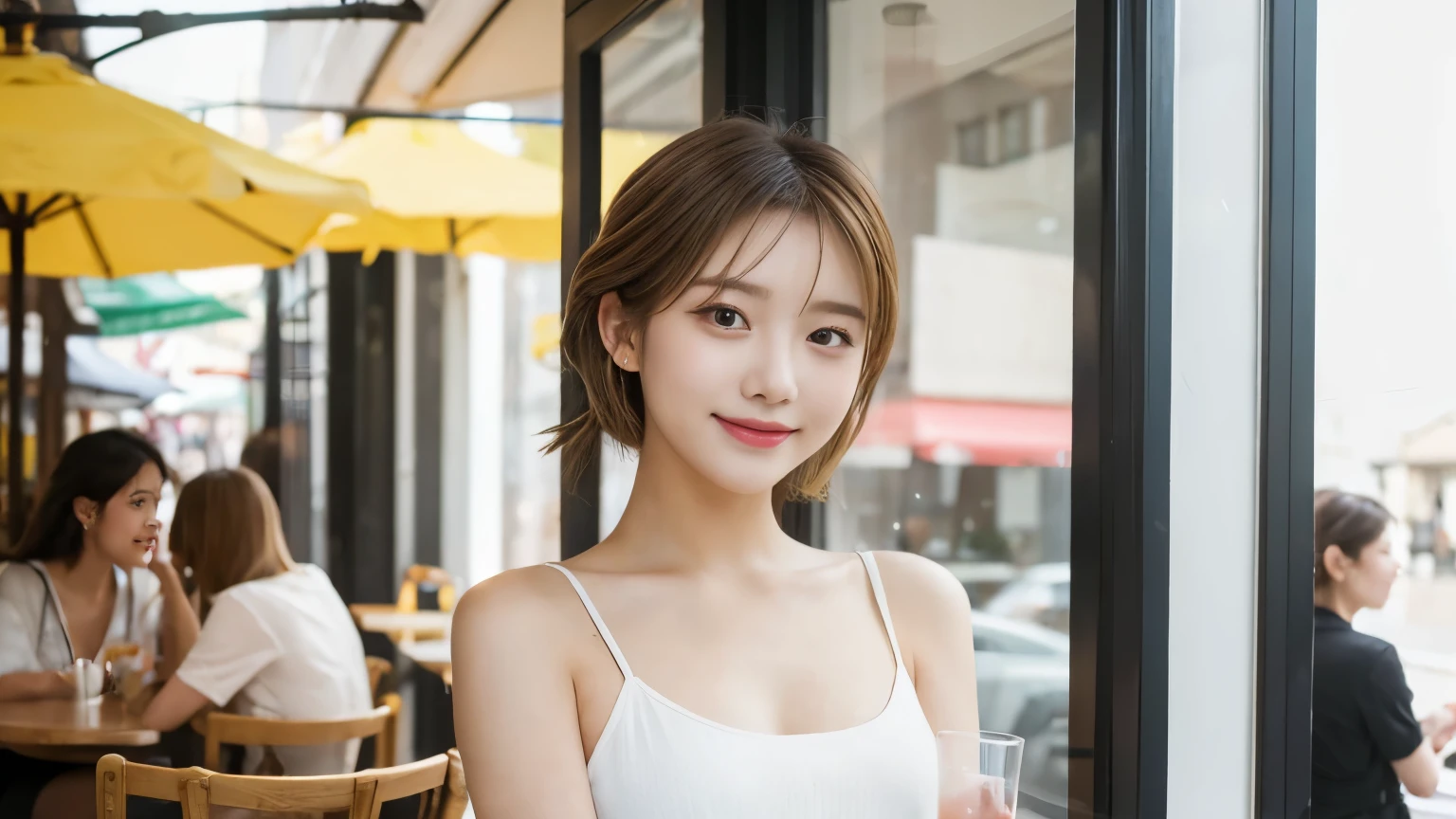 super high quality, thin, Photography Sculpture, The staff is working at the counter in the back.., (8k、RAW Photos、highest quality、masterpiece:1.2), Japanese Idols, Stylish cafe, People having fun at the cafe々Bustling with., (Realistic、Realistic:1.37), Mesh Hair, Urban Cafe, Golden Ratio, RAW Photos, Cute Face , Light brown hair, Small breasts, Bright cafe interior, Blurred Background, Beauty Salon Model, Spring Clothes, Beautiful Hairstyles, White shirt, Spoiled, Cafe Terrace, Open Cafe, smile, Hair blowing in the wind, Dress neatly, Very short hair, 18-year-old, younger sister, 

