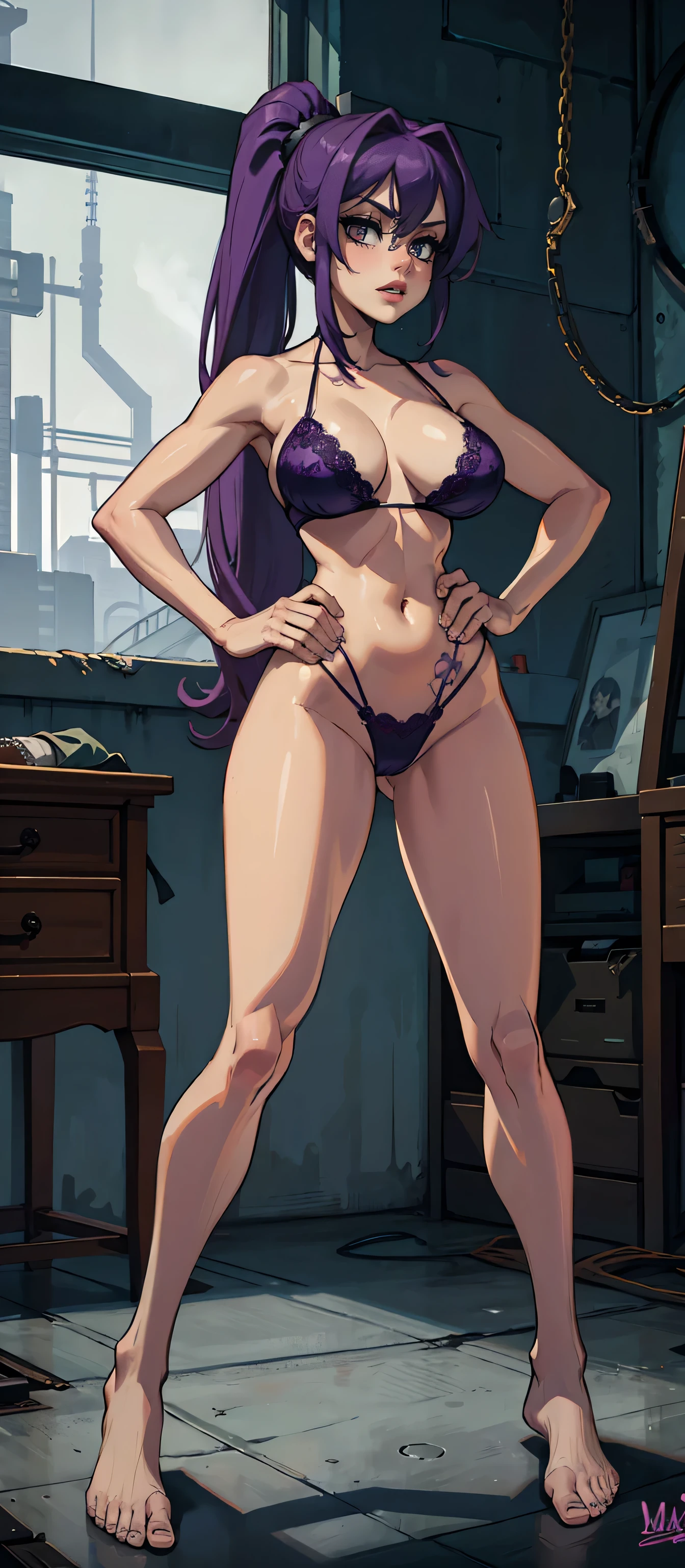 Masterpiece, best quality, Masterpiece, best quality, 1 woman, Tie your hair into a long purple ponytail... , eyes are green. , Cold face. , purple lace bikini , big breasts , abdomen , Long legs , Put your hands on your hips..... , Barefoot , full body , abandoned factory , at night