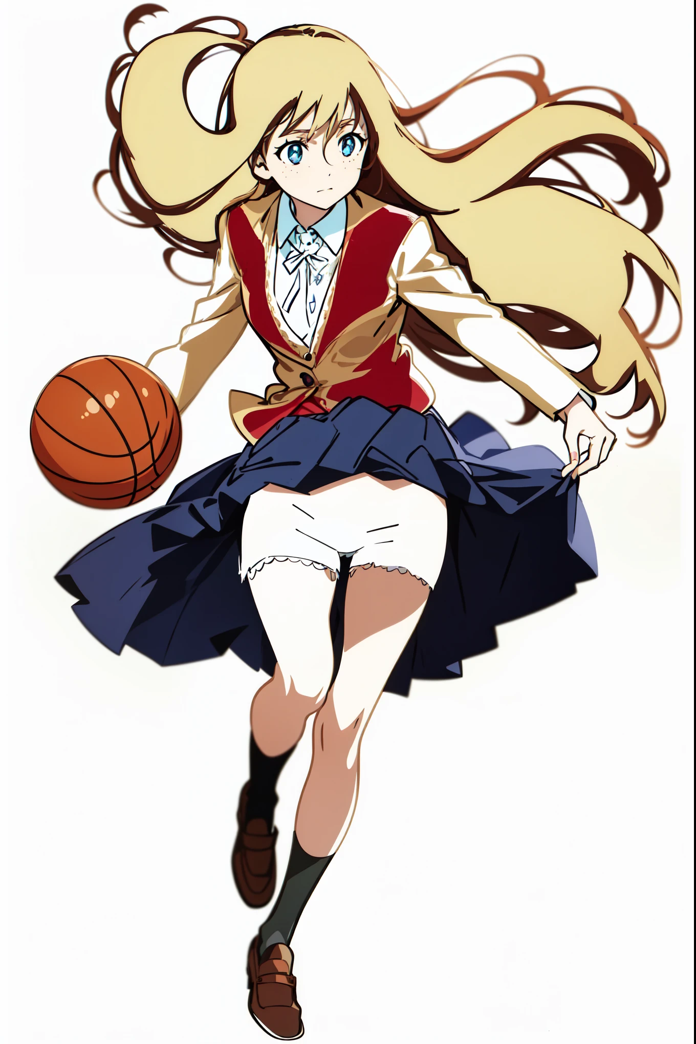 (playing basketball:1.0), (white cotton frilled panties:1.0), (best quality:1.0), (masterpiece:1.0), (super fine illustration:1.0), (beautiful artwork:1.0), (anime screencap:1.0), (official art:1.0), (european:1.0), (cheerful:1.0), (white background:1.0), (best quality:1.0), (masterpiece:1.0), (super fine illustration:1.0), (beautiful artwork:1.0), (anime screencap:1.0), (official art:1.0), (solo:1.0), (european:1.0), (a 18yo cute girl:1.0), (long skirt:1.0), (black skirt:1.0), (pleated skirt:1.0), (red knit vest:1.0), (white long sleeve collared shirt:1.0), (blue neck ribbon:1.0), (loafers:1.0), (black socks:1.0), (ideal ratio body proportions:1.0), (lanky:1.0), (tall:1.0), (slender:1.0), (small breasts:1.0), (smaller face:1.0), (tareme:1.0), (freckles:1.0), (detailed beautiful eyes:1.0), (detailed beautiful face:1.0), (glowing blue eyes:1.0), (long hair:1.0), (swept bangs:1.0), (blonde hair:1.0), (standing:1.0), (looking at viewer:1.0)