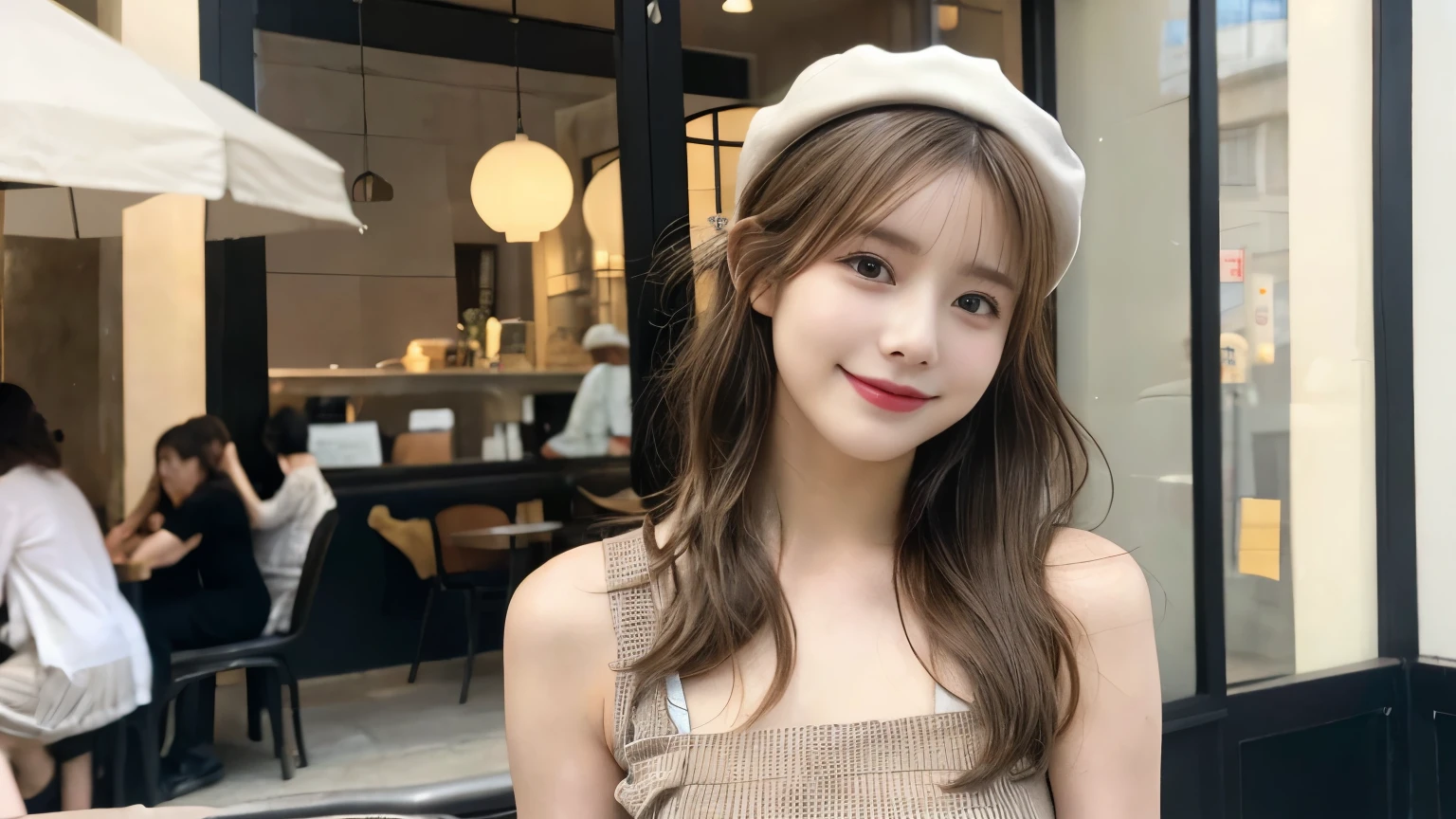 super high quality, thin, Photography Sculpture, The staff is working at the counter in the back.., (8k、RAW Photos、highest quality、masterpiece:1.2), Japanese Idols, Sportswear, Stylish cafe, People having fun at the cafe々Bustling with., (Realistic、Realistic:1.37), Mesh Hair, Wearing a hat, Urban Cafe, Golden Ratio, RAW Photos, Cute Face , Light brown hair, Small breasts, Bright cafe interior, Blurred Background, Beauty Salon Model, Spring Clothes, Beautiful Hairstyles, Spoiled, Cafe Terrace, Open Cafe, smile, Hair blowing in the wind, Dress neatly, boyish, Very short hair, 18-year-old, younger sister,