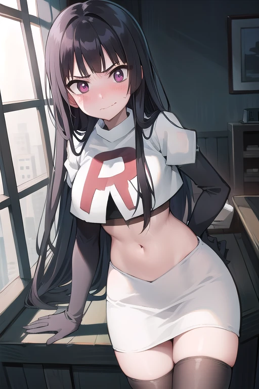 official art,anime,tsurugidef, blush,simple background,moody lighting, facing viewer,BREAK
blush, closed mouth, team rocket,team rocket uniform,white skirt,red letter R,crop top,black thigh-highs,black elbow gloves,wavy mouth,constricted eyes, constricted pupils,,
blunt bangs