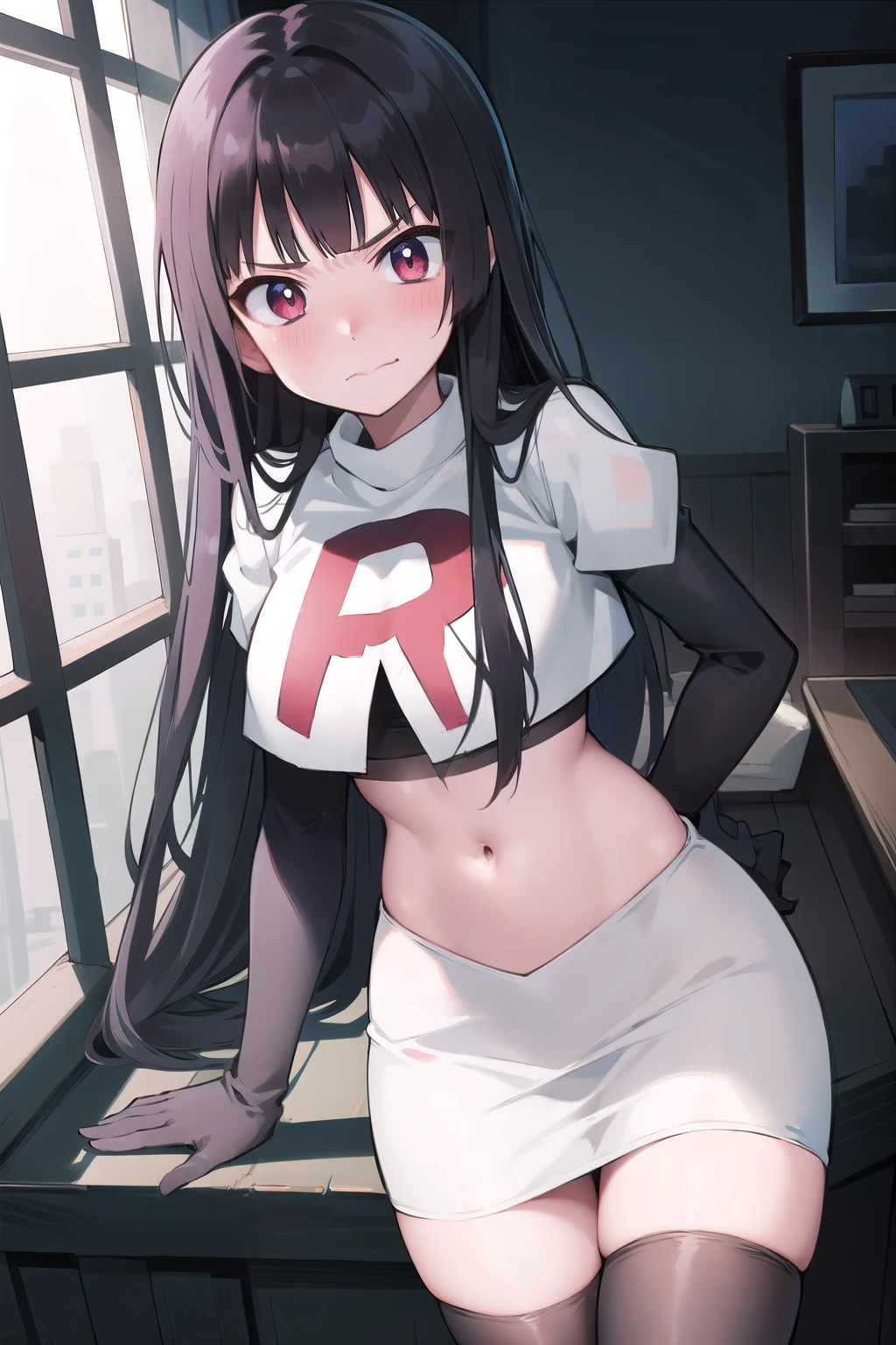 official art,anime,tsurugidef, blush,simple background,moody lighting, facing viewer,BREAK
blush, closed mouth, team rocket,team rocket uniform,white skirt,red letter R,crop top,black thigh-highs,black elbow gloves,wavy mouth,constricted eyes, constricted pupils,,
blunt bangs