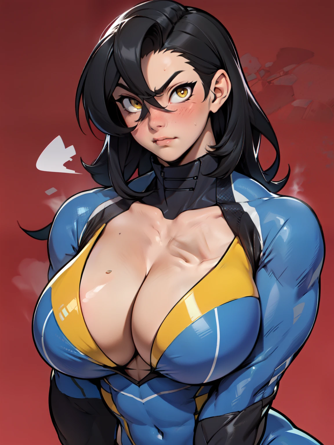 ((girl muscular thick)) pale skin black hair ultra detailed eyes huge large breasts toned body embarrassed blush very long hair skintight suit yellow eyes hair flaps cleavage