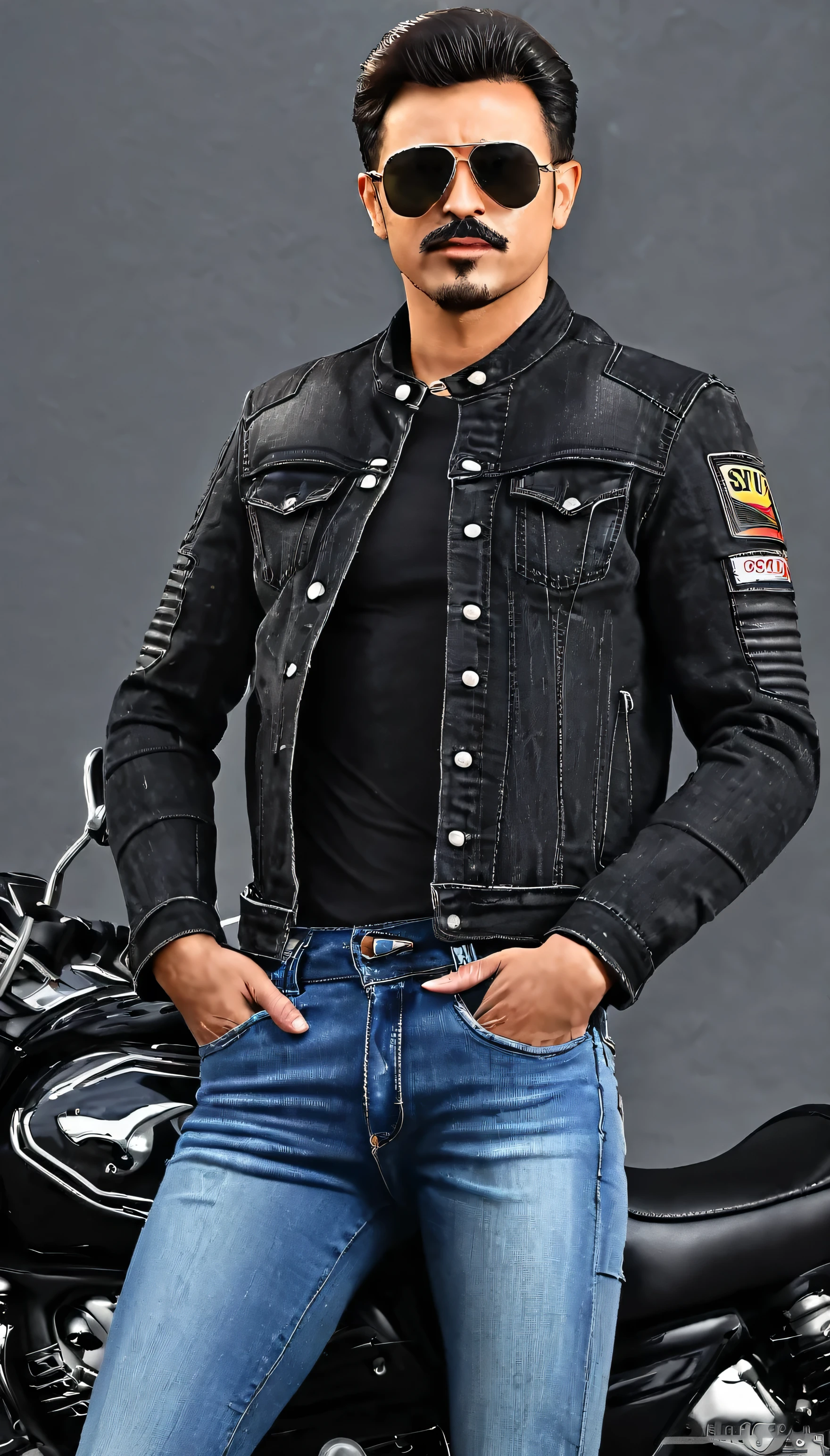 Hombre guapo fisicoculturista en jeans gran bulto, con lentes de sol con sexy chamarra de cuero negro al lado de sofisticada motocicleta obra maestra, ultra realista gran detalle 8k 