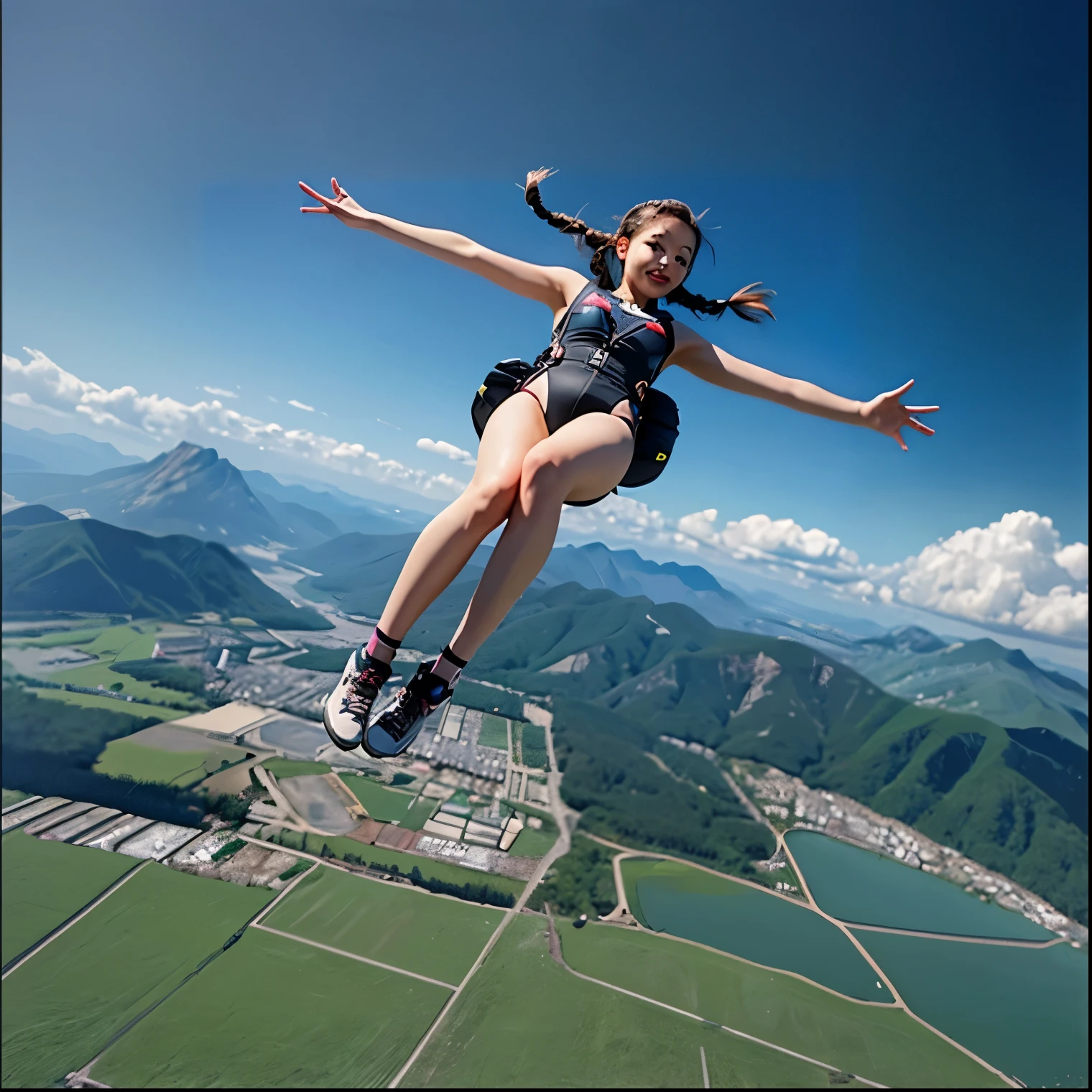 a young girl in a revealing clothes floating in the air 10 meters high over a mountain, skydiving, with a polite smile, braid