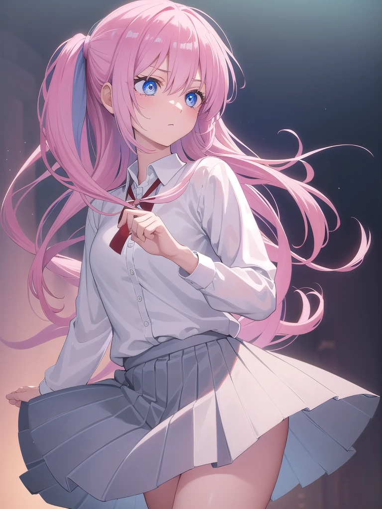 no background,white background,miyakoshikimori(1:5), miyako shikimori, long hair, blue eyes, hair between eyes, pink hair, break skirt, shirt, , white shirt, pleated skirt, collared shirt, sweater, gray skirt, ribbon, red ribbon, BREAK White background,break (masterpiece:1.2), highest quality, High resolution, unity 8k wallpaper, (figure:0.8), (detailed and beautiful eyes:1.6), highly detailed face, perfect lighting, Very detailed CG, (perfect hands, perfect anatomy),