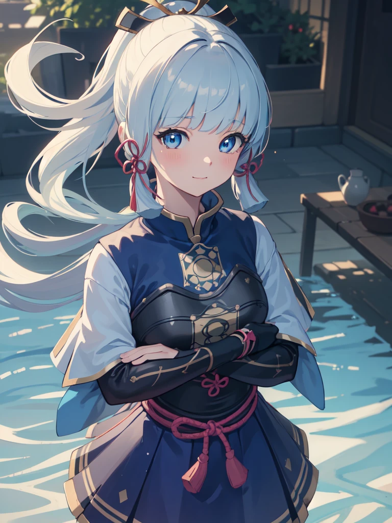(((masterpiece))), 4k res, highly detailed, (((extremely detailed eyes))), detailed background, cinematic lighting, crystal clear eyes, high quality, highres, ultra-detailed, 8k, best quality, 1girl, solo, shadow, backlighting, light particles, Thick Eyelashes, Wide Sleeve, thick thighs, (masterpiece:1.3), (the best quality:1.2), (super fine illustrations:1.2), (Masterpiece), high quality, high detail,(SOLO:1.4),((round image)), 1girl, kamisato ayaka, smile, blush, closed mouth, thick, medium breasts, traditional japanese house, from above, fingerless gloves, cowboy shot, crossed arms,