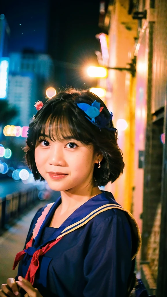 Masterpiece, best quality, ultra high res, art photography, aesthetic wallpaper, professional color grading, cinematic movies by wong kar wai, depth of fields,50mm, (photorealistic:1.4), 1girl, Japanese idol girl, the girl wearing black sailor uniform, 80s short hair, night, Shops background, cinematic lighting, chromatic abberation, detailed face , detailed eyes, looking at viewer, front view, blurry background, no smile 