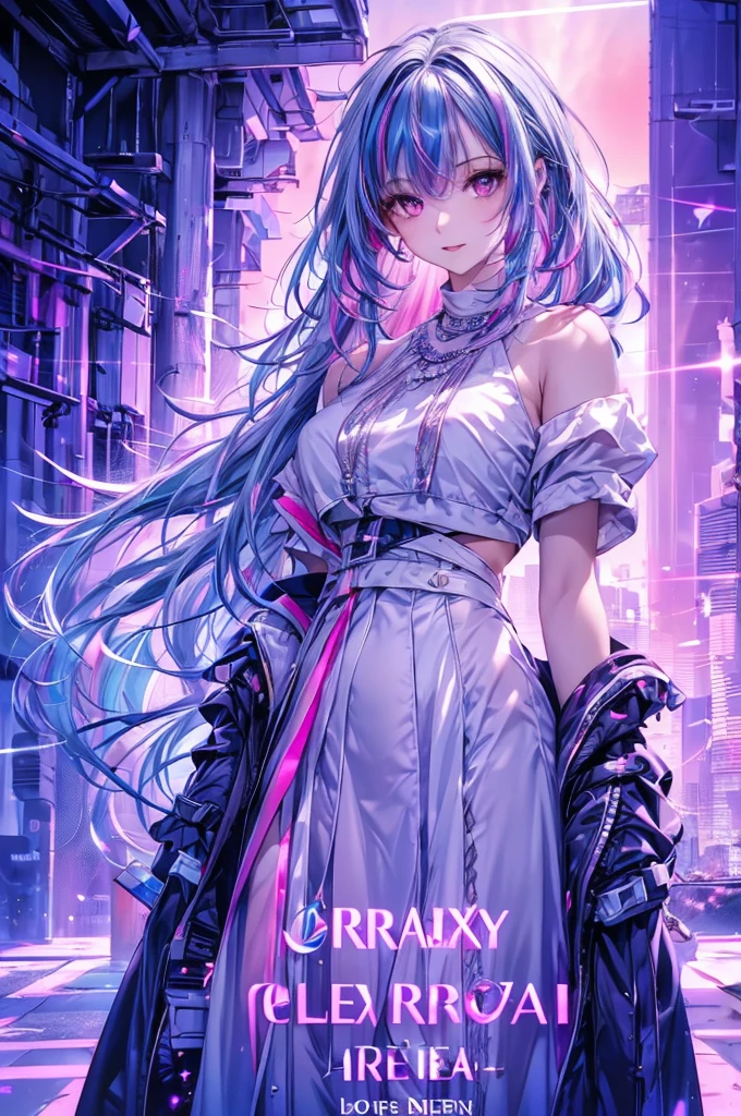 1 girl, 20 year old girl, one person, (Silver blue hair streaked pink purple:1.4), (Gradient sky blue hair ends:1.6), hair strand, absurdly long hair, single sidelock, wavy hair, shiny hair, floating hair, (Illusion deep purple eyes), delicate eyes, aqua eyes, super high detailed eyes, long upper eyelashes, ((glowing eyes)), makeup, Focus on face, Very detailed facial, Pretty Face, Perfect breasts, hot body, (Delicate skin texture:1.2), break, White extra long skirt, Fashion Clothing, necklace, Technical clothing masterpiece, on the street, looking at the starry night sky, meteor, cyberpunk, detailed background, perfect layer cut, clean focus, (magazine:1.3), (cover-style:1.3), Octane Render, Tyndall effect, lifelike, Dark Studio, Side light, Two-color lighting, realism, chiaroscuro, (glowing light), sparkle, ray tracing, cinematic lighting, Futurism, motion blur, atmospheric perspective, Depth of Field, Bokeh, best quality, UHD, super detail, masterpiece, highres, ccurate, retina, anatomically correct