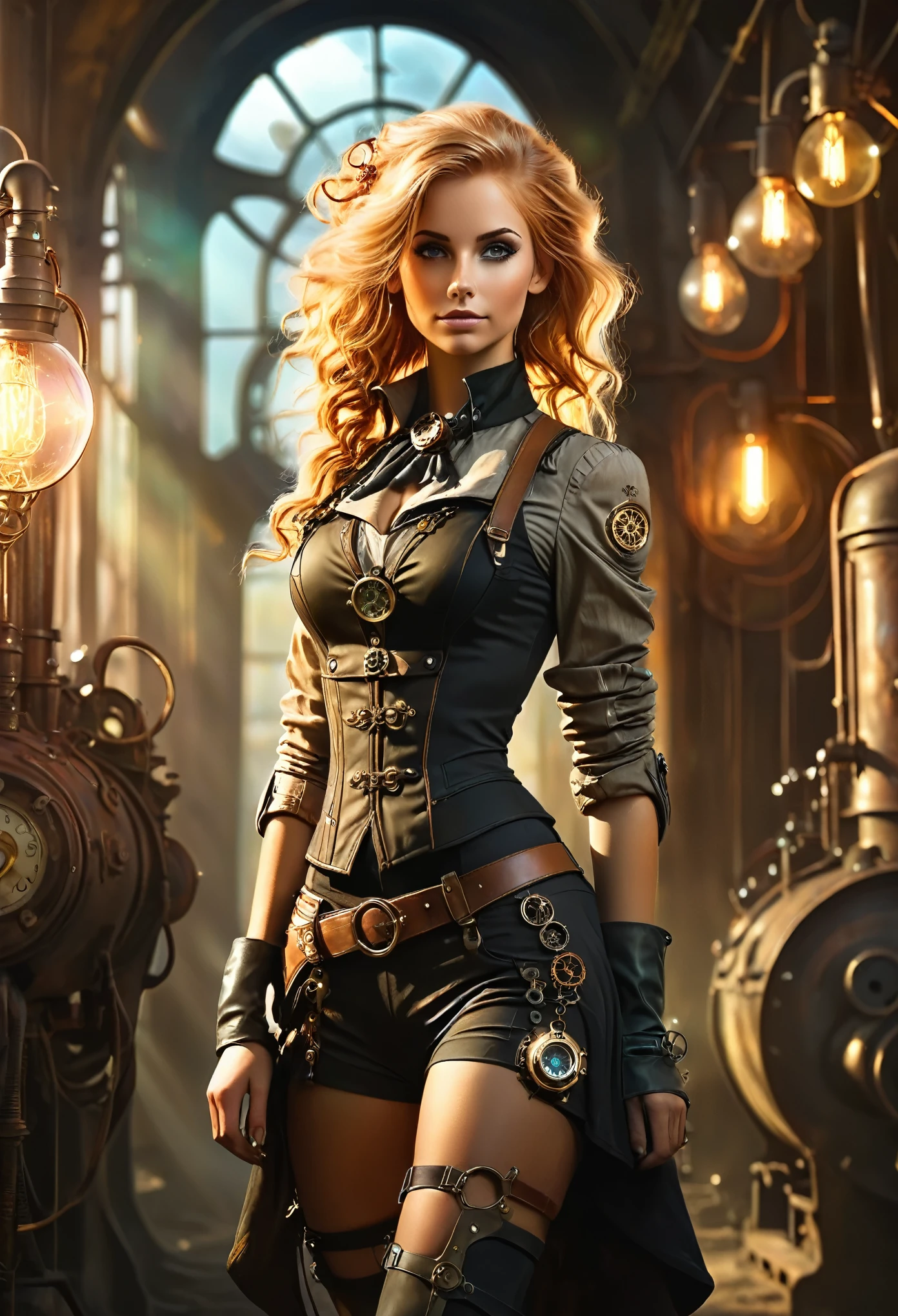 Amazing digital painting, full body picture, cute sexy woman in minimalistic steampunk clothing in postapocalyptic setting, light honey hair, dinamic pose, detailed background with intricate small details, colorfull illustration style, low key lighting, lens flare, swirly bokeh, cute and dreamy, professional color grading, soft shadows, modern analog photo style, magical & ethereal, slender fit body, no close up