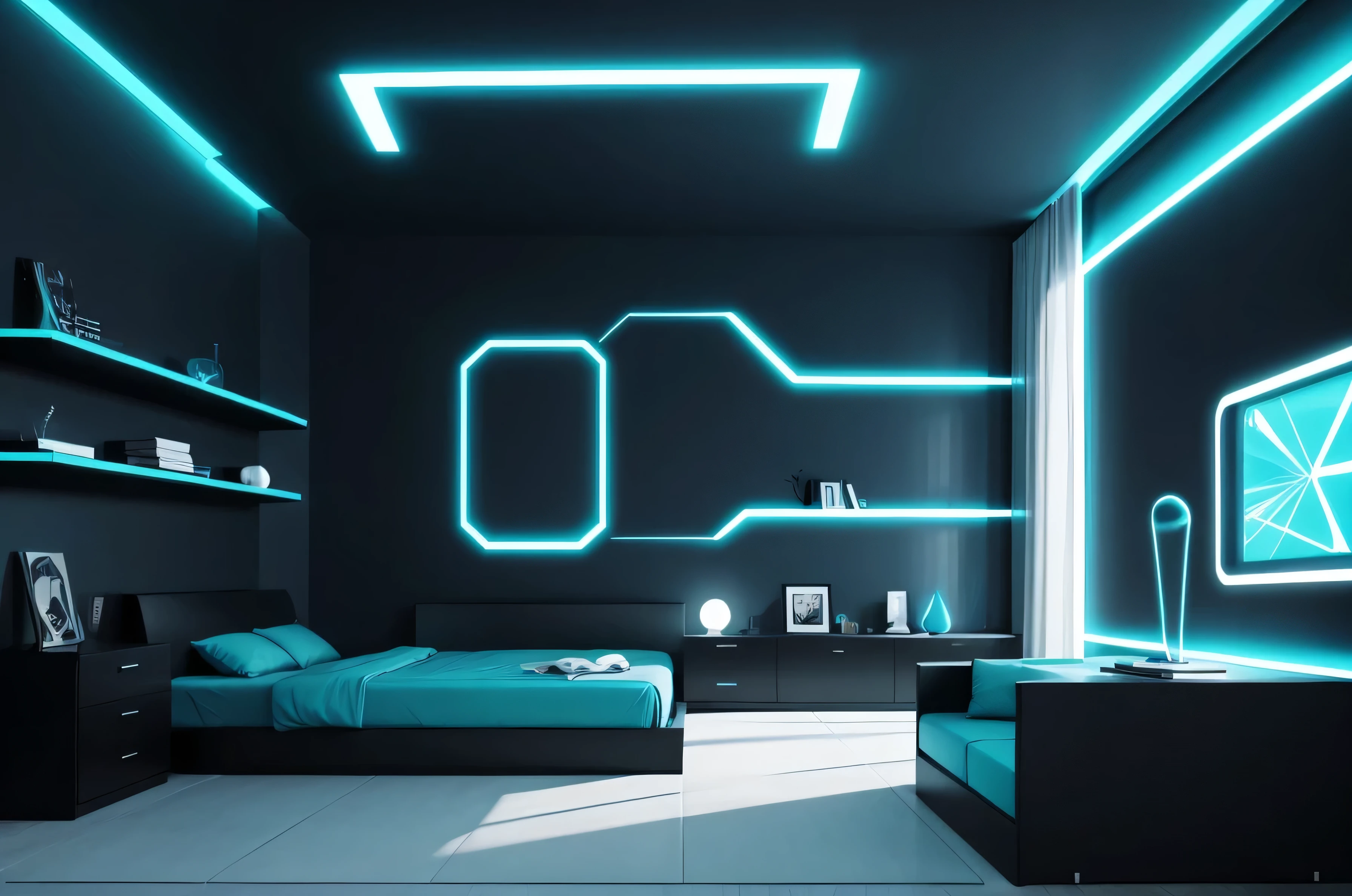 Quarto grande futurista minimalista, cores escuras, dark, future, tron style, grande janela 