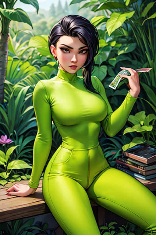 (SFW)1 mulher com cabelos ruivos presos em um penteado estiloso, wearing a yellow turtleneck and green pants. She is sitting outside, surrounded by lush vegetation, with a map and other objects scattered around you. Your facial expression suggests a certain frustration or irritation. The illustration has an art style characteristic of comic books.