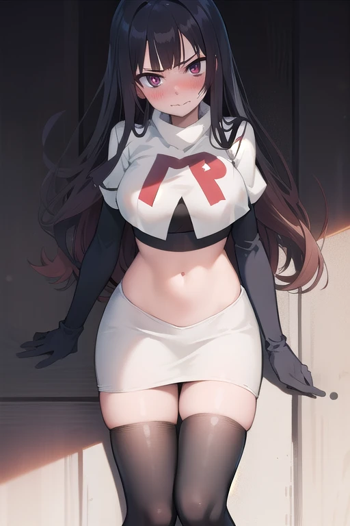 official art,anime,tsurugidef, blush,simple background,moody lighting, facing viewer,BREAK
blush, closed mouth, team rocket,team rocket uniform,white skirt,red letter R,crop top,black thigh-highs,black elbow gloves,wavy mouth,constricted eyes, constricted pupils,,
blunt bangs