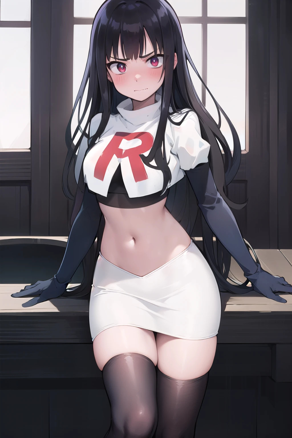 official art,anime,tsurugidef, blush,simple background,moody lighting, facing viewer,BREAK
blush, closed mouth, team rocket,team rocket uniform,white skirt,red letter R,crop top,black thigh-highs,black elbow gloves,wavy mouth,constricted eyes, constricted pupils,,
blunt bangs