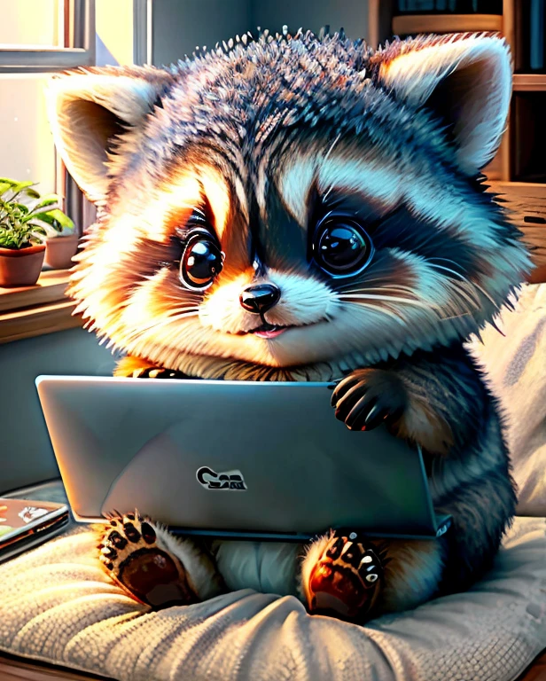 The best image quality、"cute Create a living masterpiece. raccoon stuffed, high detail, in 8K、The best image quality,(((cute)))Round,sitting on a bed looking at a laptop