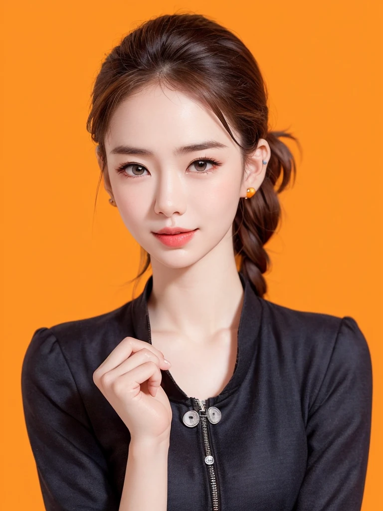 (masterpiece, highest quality, sfw:1.8),1 girl, alone, realistic, realistic, light colored black eyes, black twin braids hair with highly detailed shiny hair, Winter clothes, Whity, lips, bangs, outdoor, closed mouth, Upper body、Big eyes、eyelash、((very simple orange background:1.8))、(((Black French Braid, Big eyes、big and full chest、avoiding eye contact 、beautiful beauty、show me your ears、long neck、low hairline、small forehead)))、ideal body proportions、{Huge|big|Huge|mega} chest, cleavage:2, Blushing, Shy smile, Embarrassed, Flushed cheeks, Timid expression, Coy look, Bashful, Sheepish grin

