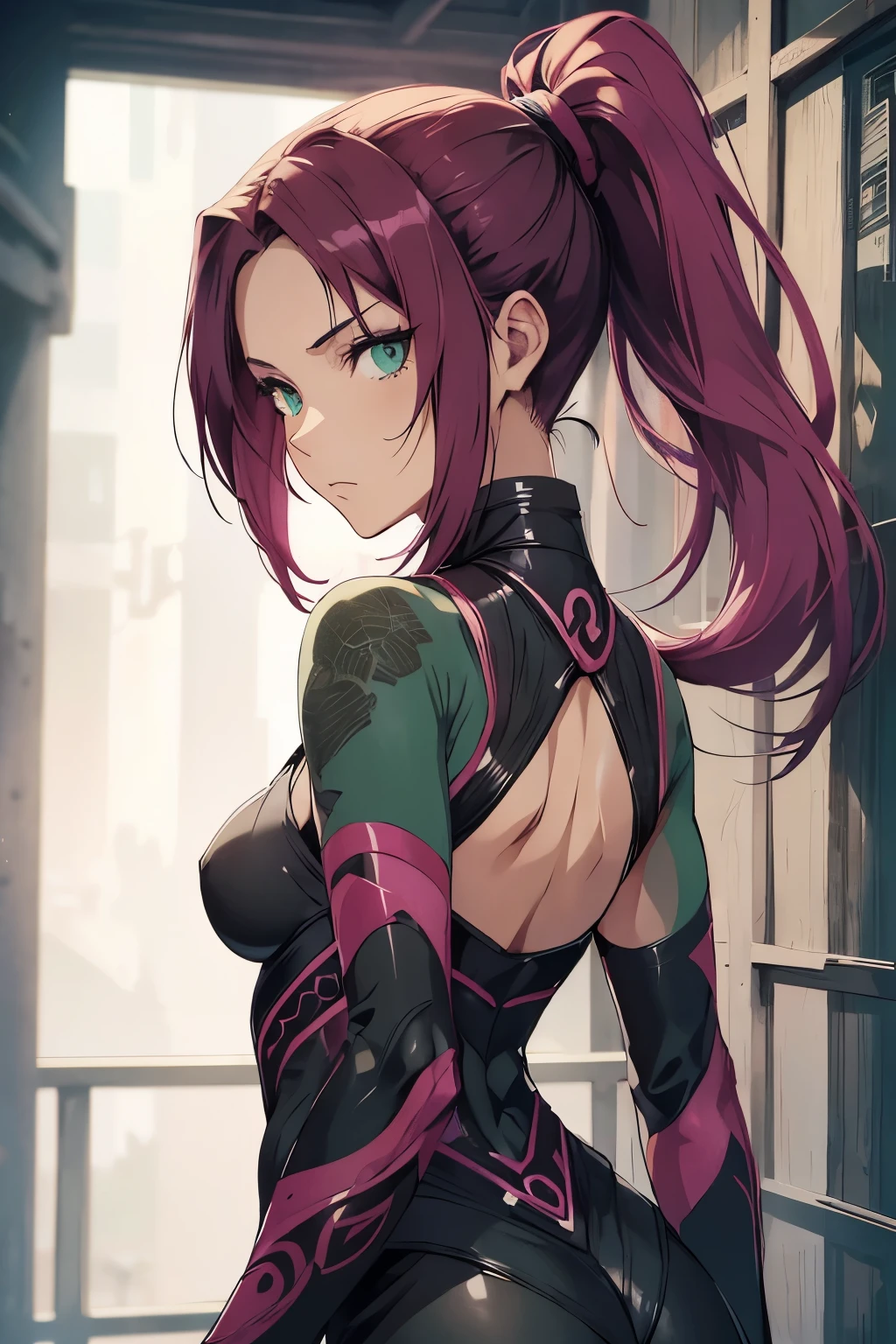 1 kunoichi, fair skin, green eyes, long pink hair, ponytail, brown eyes, ((detailed eyes:1.2)), medium breasts, wearing ninja suit, sexy, sensual, open back, sleeveless, masterpiece, top quality, best quality, official art, beautiful and aesthetic:1.2), extreme detailed, colorful, highest detailed