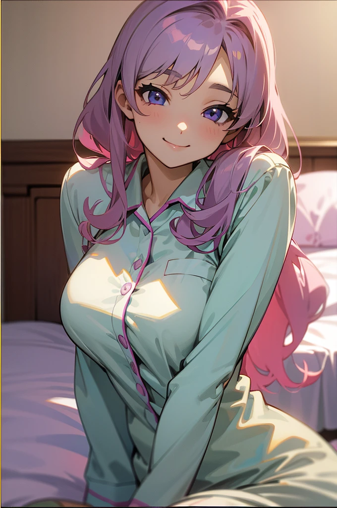 18-year-old girl sitting on bed、alone、Anime style painting、Wearing pajamas、beautiful purple beautiful eyes, Light khaki long hair, Big and ample breasts、smile、smile、The soft texture of pajamas、Upper body close-up、Colors based on pink and white、Background Blur、Depth of the drawn border