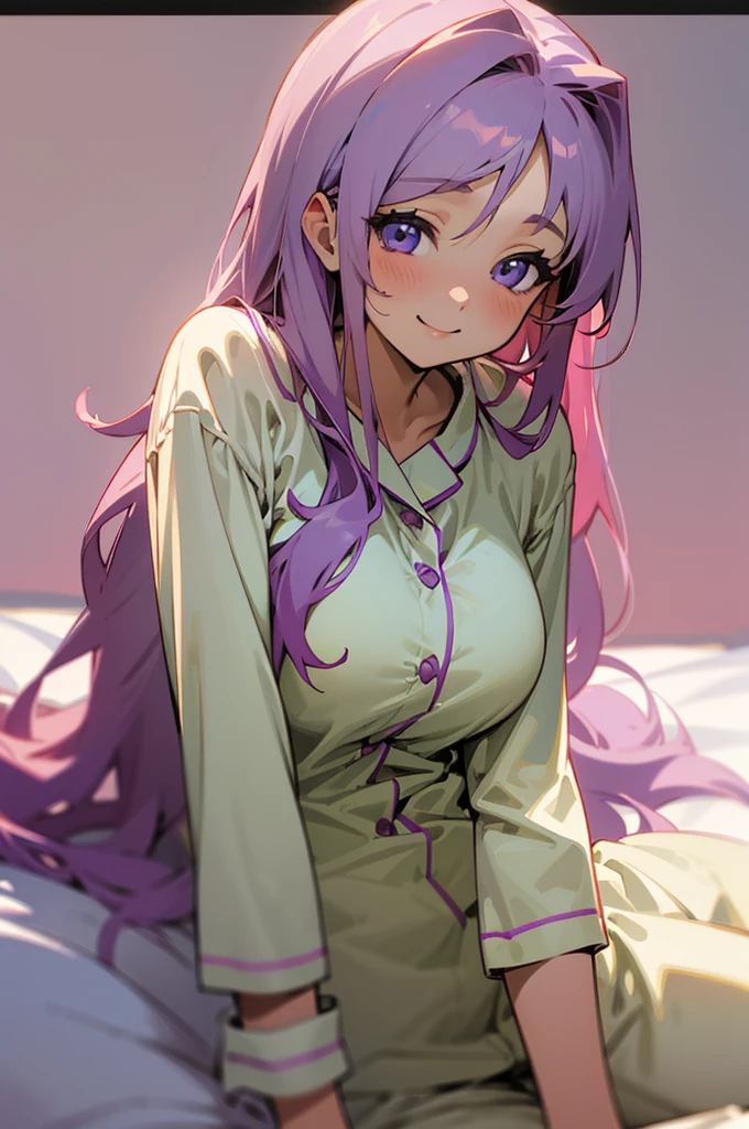 18-year-old girl sitting on bed、alone、Anime style painting、Wearing pajamas、beautiful purple beautiful eyes, Light khaki long hair, Big and ample breasts、smile、smile、The soft texture of pajamas、Upper body close-up、Colors based on pink and white、Background Blur、Depth of the drawn border