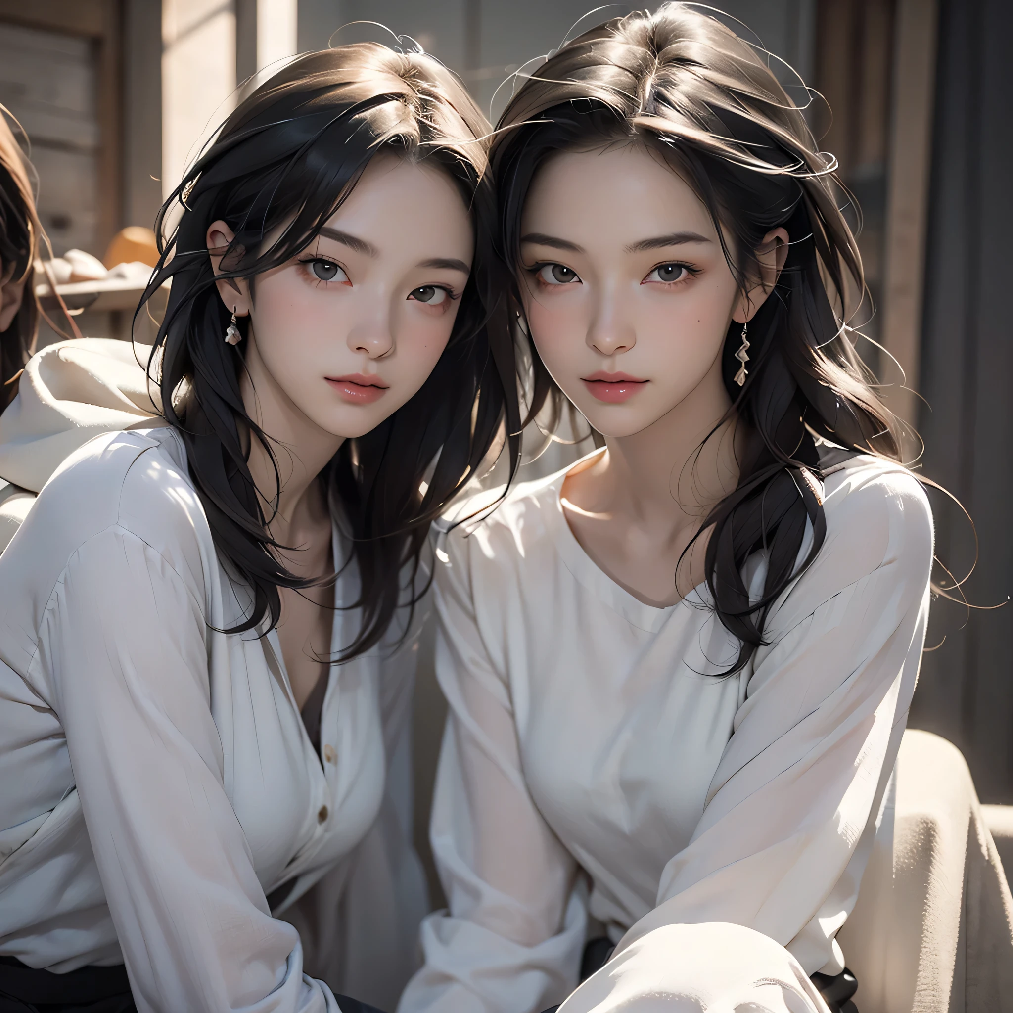 3dmm, (photorealistic:1.4),beautiful, colorful, portrait of 2 girls BREAK 2girls, female focus, (narrow waist:1.1), (character focus:1.1), nice hands, perfect hands, medium breasts, perfect features, (perfect anatomy), very detailed faces, parted lips,  good lighting, cinematic lighting, volumetric lighting, rim lighting, dimly lit ruins, dynamic lighting, (best quality:1.3), (masterpiece, realistic:1.3), (extremely intricate:1.2), (extremely delicate), (ultra realistic:1.3), (extremely detailed eyes), dslr, 8k, ultra-detailed, glossy skin, Smooth curves, Bold outlines, Crisp shapes, Clean lines, Sharp edges, Minimalist, Precise geometry, Simplistic BREAK [perfect shadows and lighting], soft shadows, Akihiko Yoshida art style BREAK background blur BREAK 