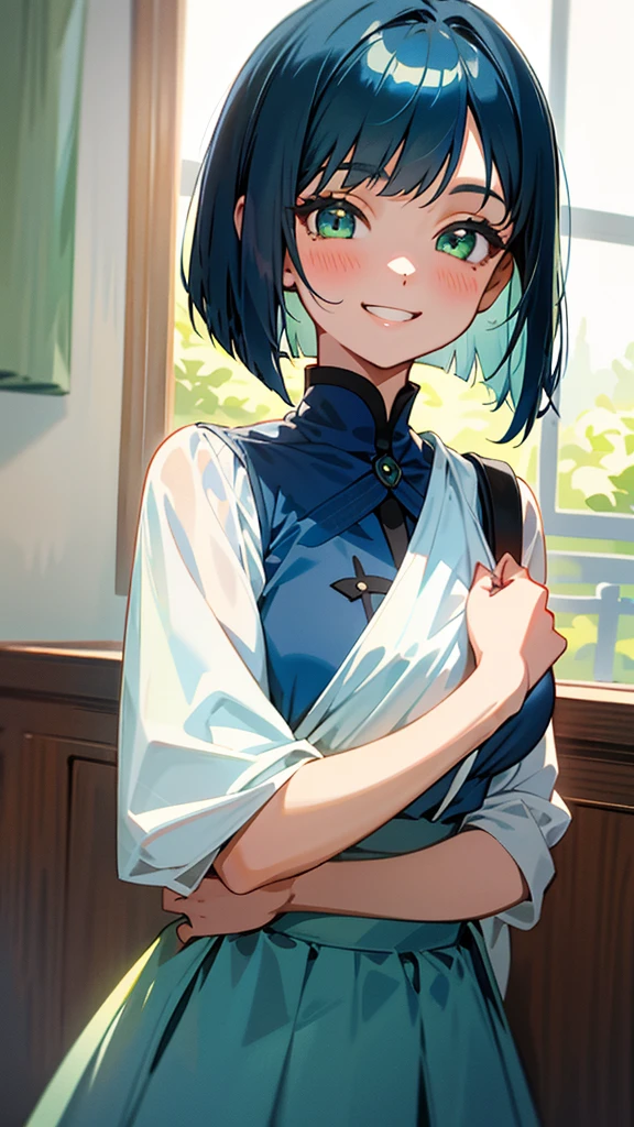 17 year old girl、one person、dark blue hair、bob cut、beautiful green eyes、grin、Clothes based on white color、blue skirt、indoor、Morning Cafe、Shiny and smooth skin、upper body close-up
