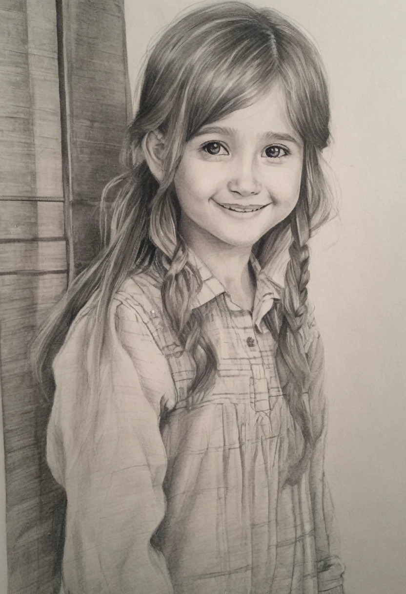 Pencil drawing, A cute  and she is very happy , 